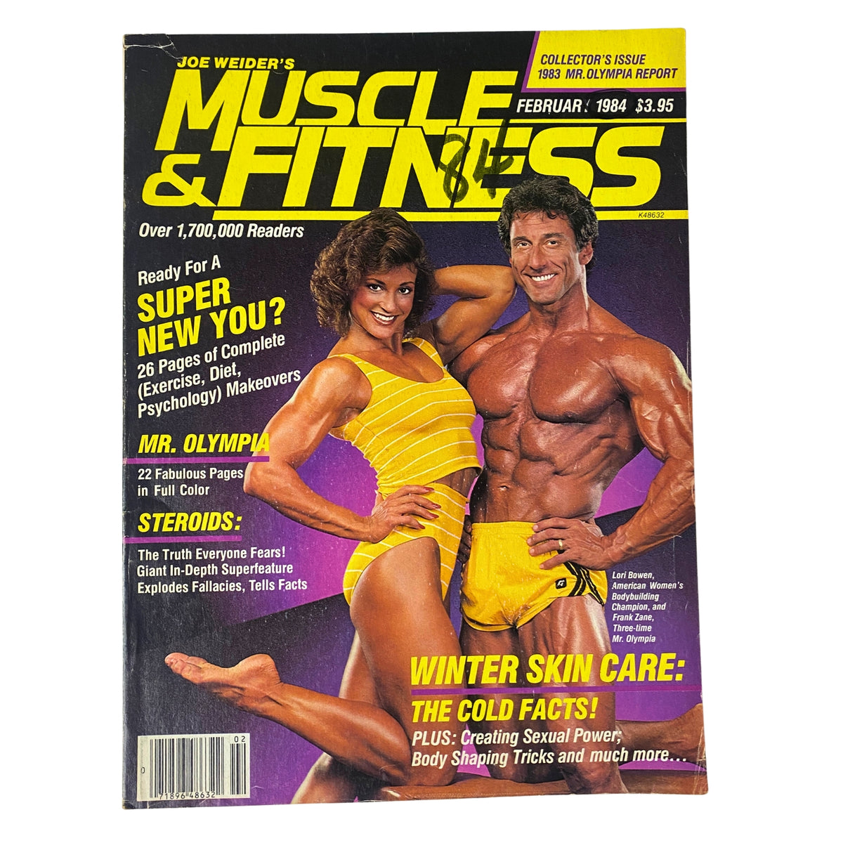 Cover of Muscle & Fitness Magazine February 1984 featuring Lori Bowen and Frank Zane, highlighting Mr. Olympia, steroids, winter skin care, and complete exercise guides.