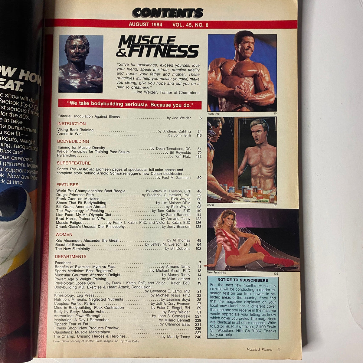 Contents page of Muscle & Fitness Magazine August 1984, highlighting articles on bodybuilding, fitness instruction, and features on competitive athletes.