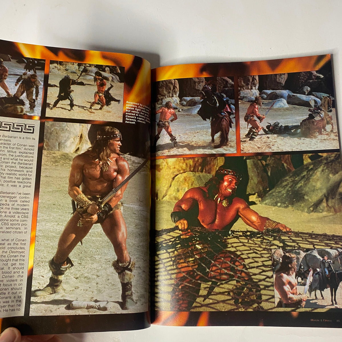 Action scenes from Conan the Destroyer showcased in Muscle & Fitness Magazine August 1984, depicting Arnold Schwarzenegger in various adventurous moments.