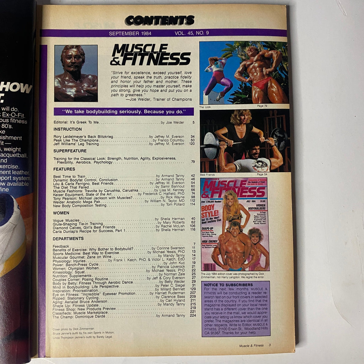 Contents page of Muscle & Fitness Magazine September 1984, detailing features on classical bodybuilding, fitness instruction, and notable articles about training and nutrition.