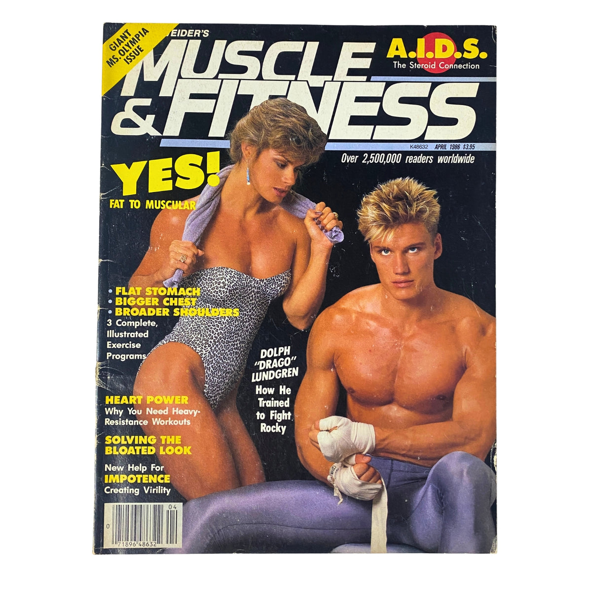 Cover of Muscle & Fitness Magazine April 1986 featuring Lori Walkup and Dolph Lundgren, emphasizing bodybuilding and fitness trends of the mid-1980s.