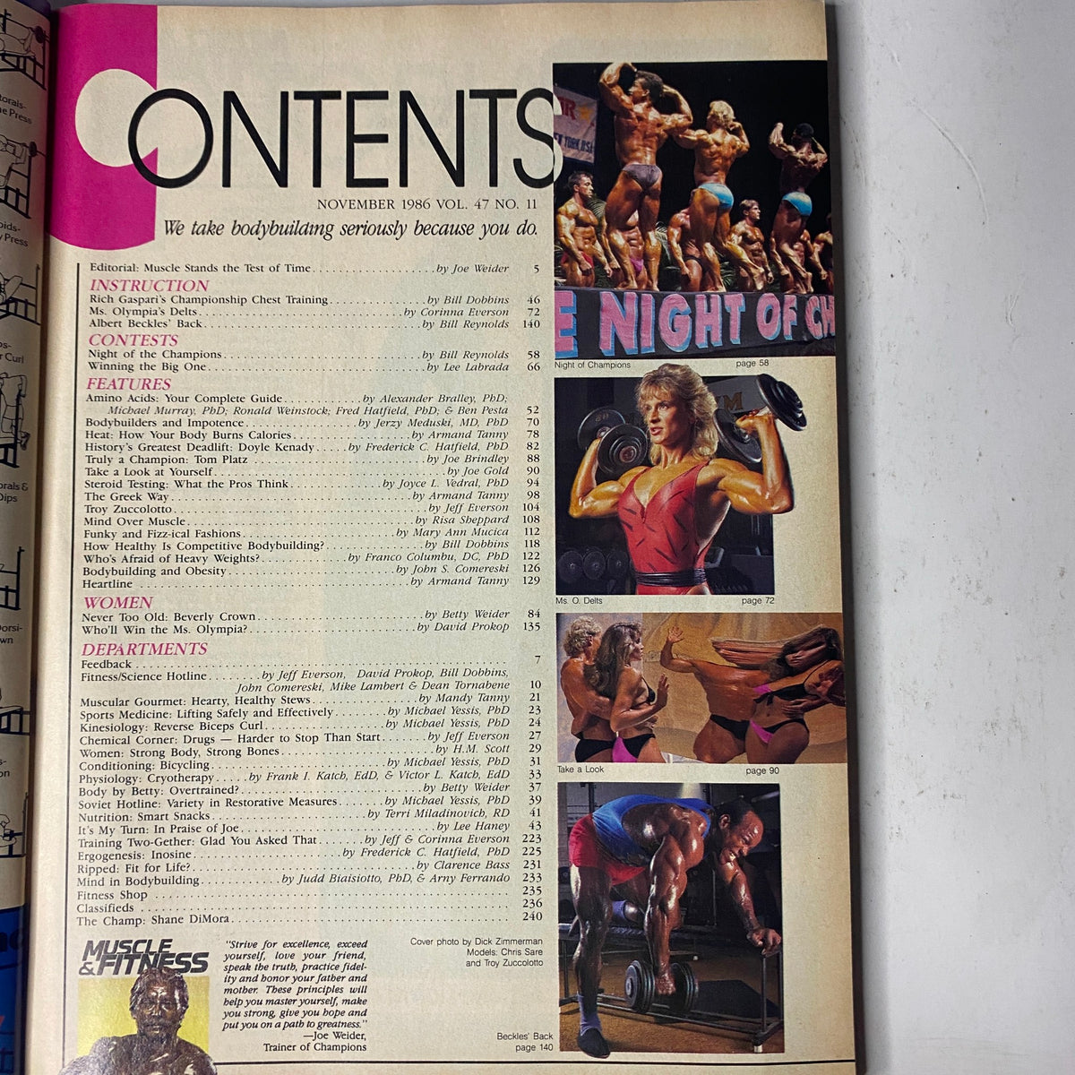 Contents page of Muscle & Fitness Magazine, November 1986, showcasing articles on bodybuilding instruction, features, and departments related to fitness.