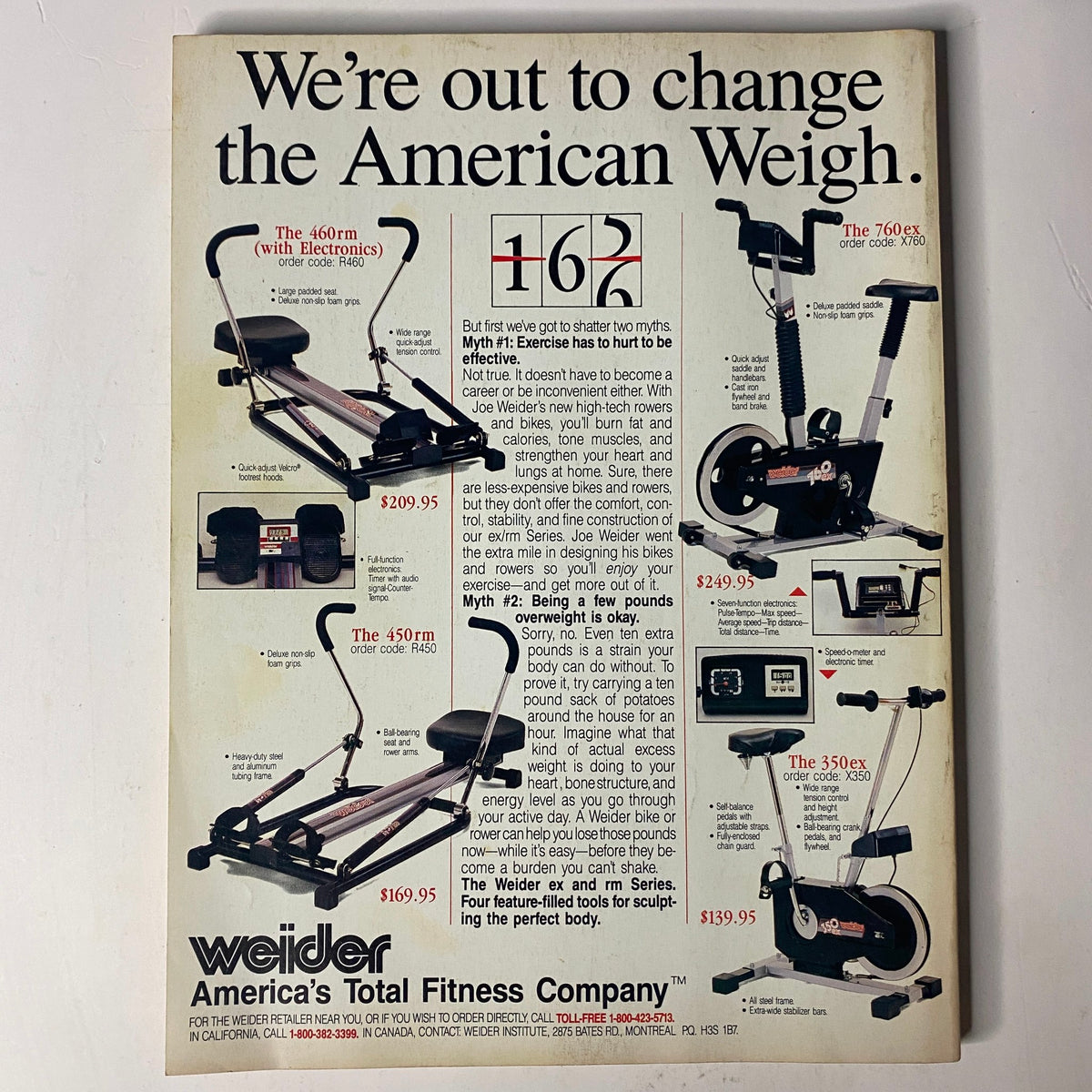 Advertisement page from Muscle & Fitness Magazine December 1986 by Weider, featuring various fitness equipment and promoting bodybuilding lifestyle.