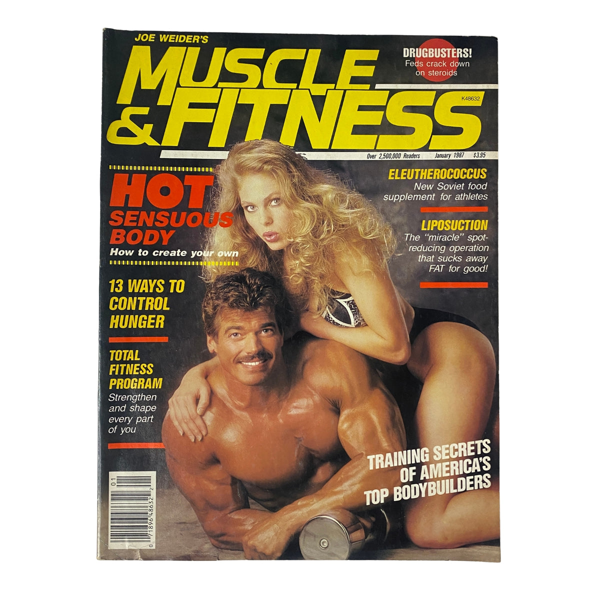 Muscle & Fitness Magazine January 1987 issue featuring a cover photo of a muscular man and a woman demonstrating fitness poses, highlighting bodybuilding culture and fitness trends.
