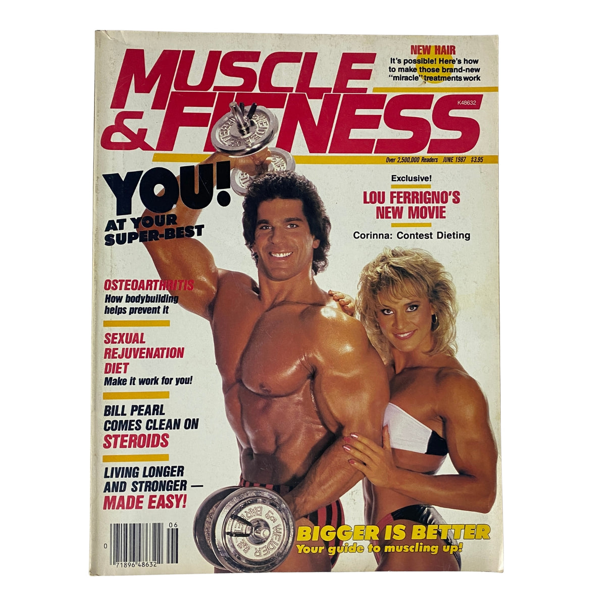 Muscle & Fitness Magazine June 1987 cover featuring Lou Ferrigno and Corinna Everson, showcasing fitness and bodybuilding themes.