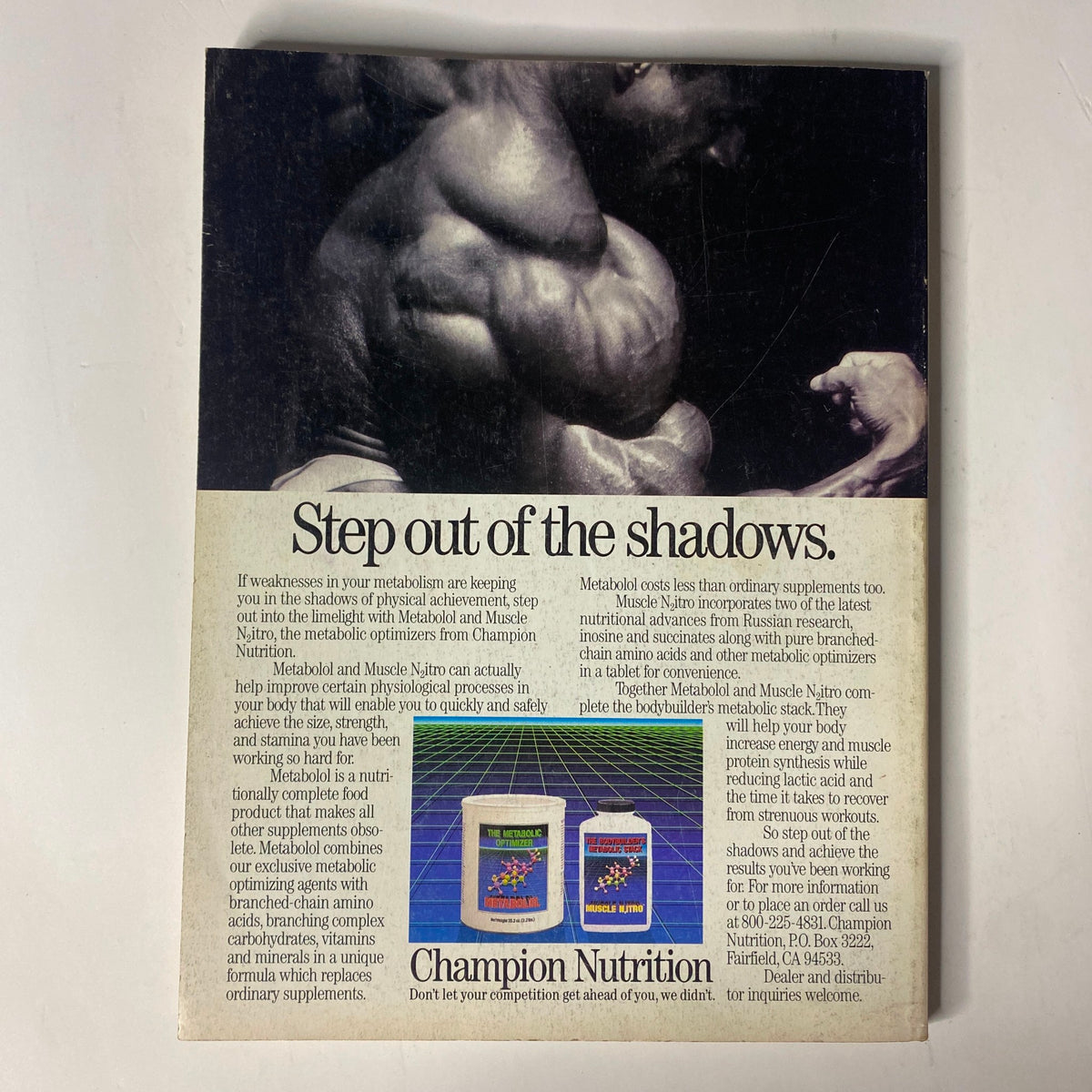 Back cover of Muscle & Fitness Magazine September 1987 advertising Champion Nutrition products, emphasizing bodybuilding supplements for optimal physical performance.
