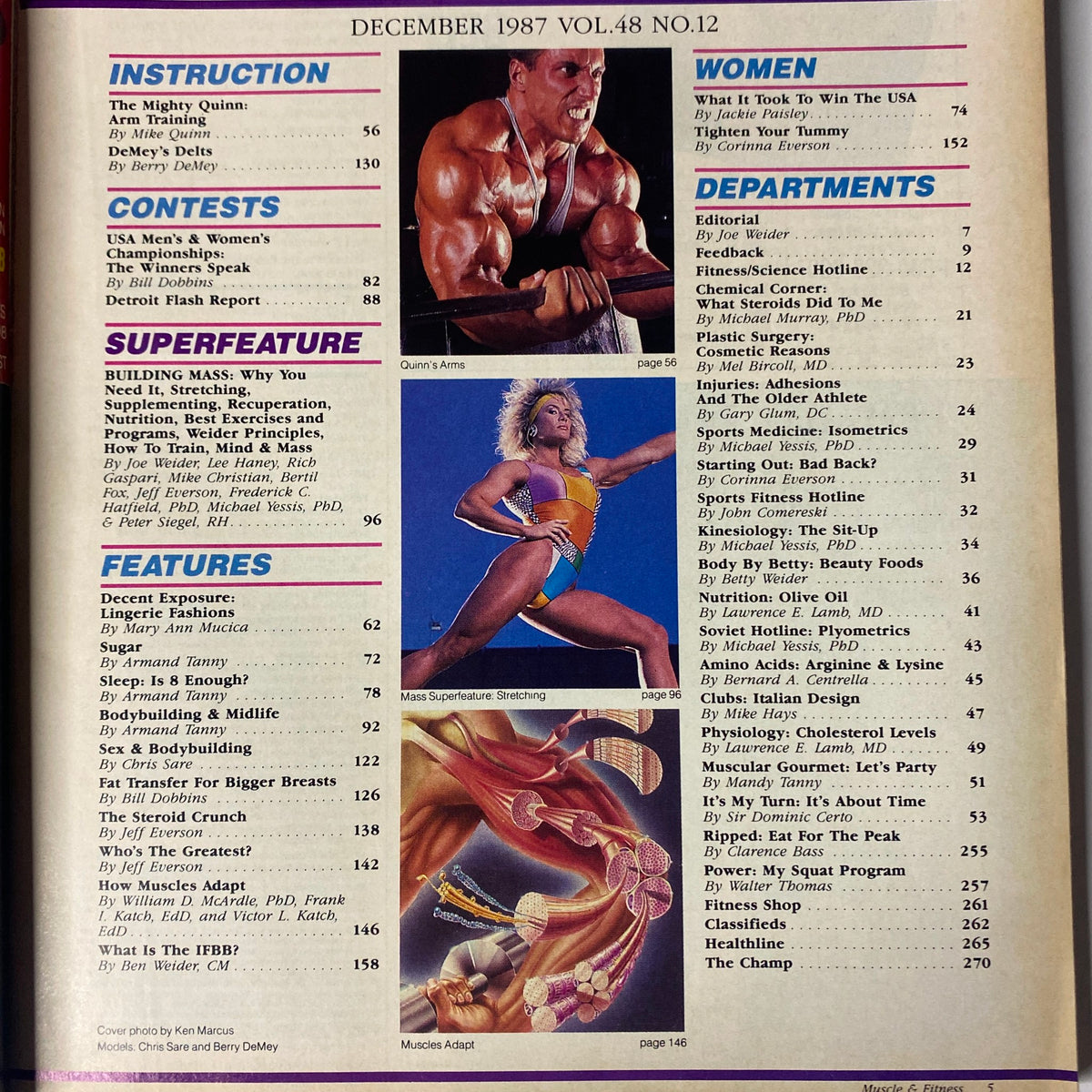 Interior page of Muscle & Fitness Magazine December 1987, showcasing content with bodybuilding instruction, superfeature articles, and features related to fitness and nutrition.