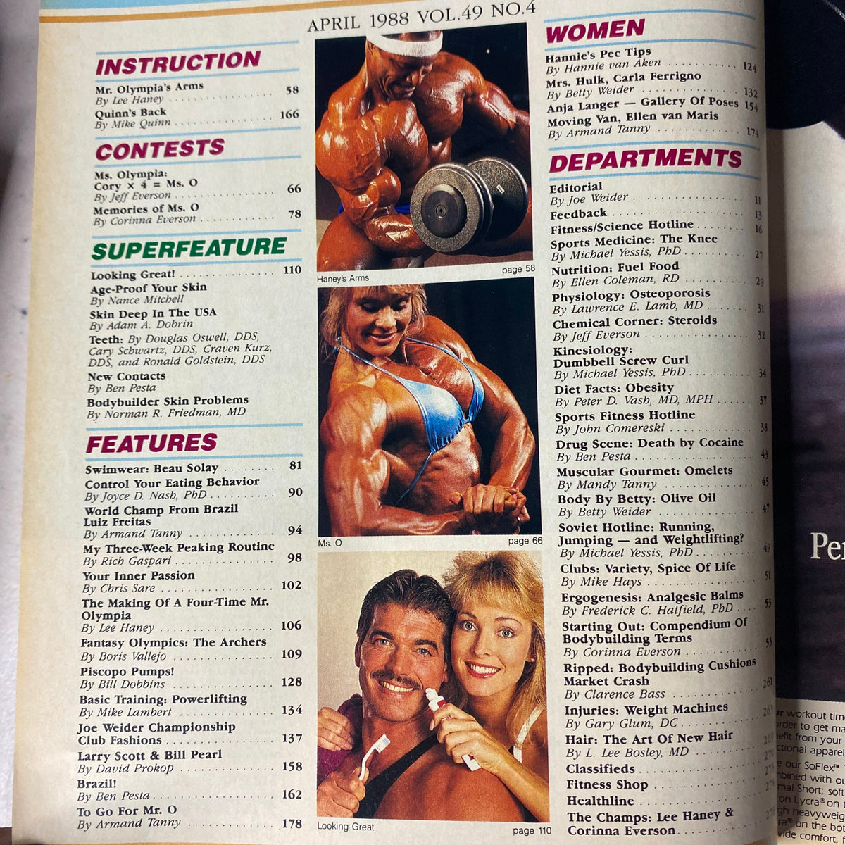 Table of contents page from Muscle & Fitness Magazine April 1988, showcasing articles on bodybuilding and fitness topics including instruction and contests.