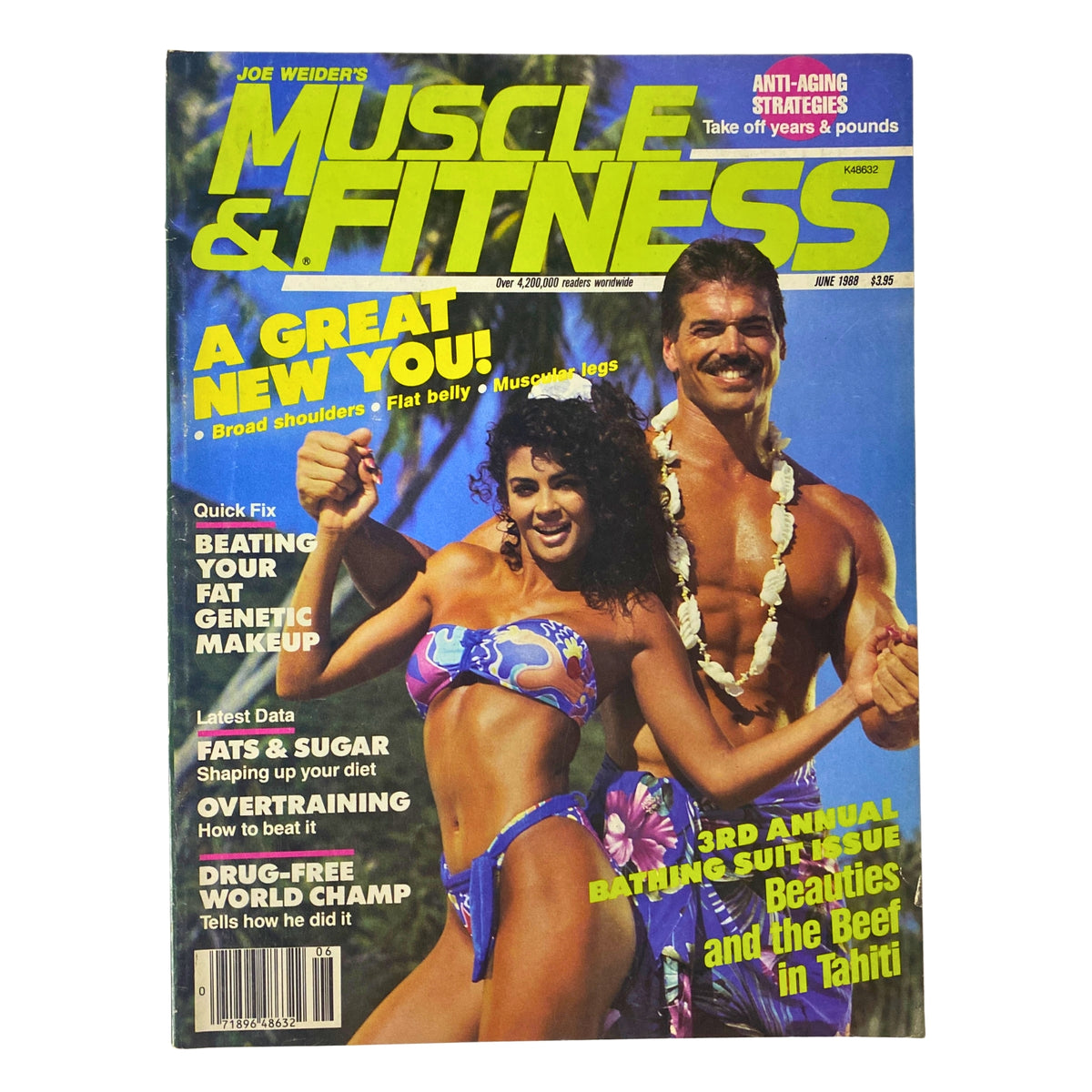 Cover of Muscle & Fitness Magazine, June 1988 featuring Jeff Smullen and Rebecca D’Franzo. The magazine promotes fitness topics including shoulder workouts and fat loss strategies.