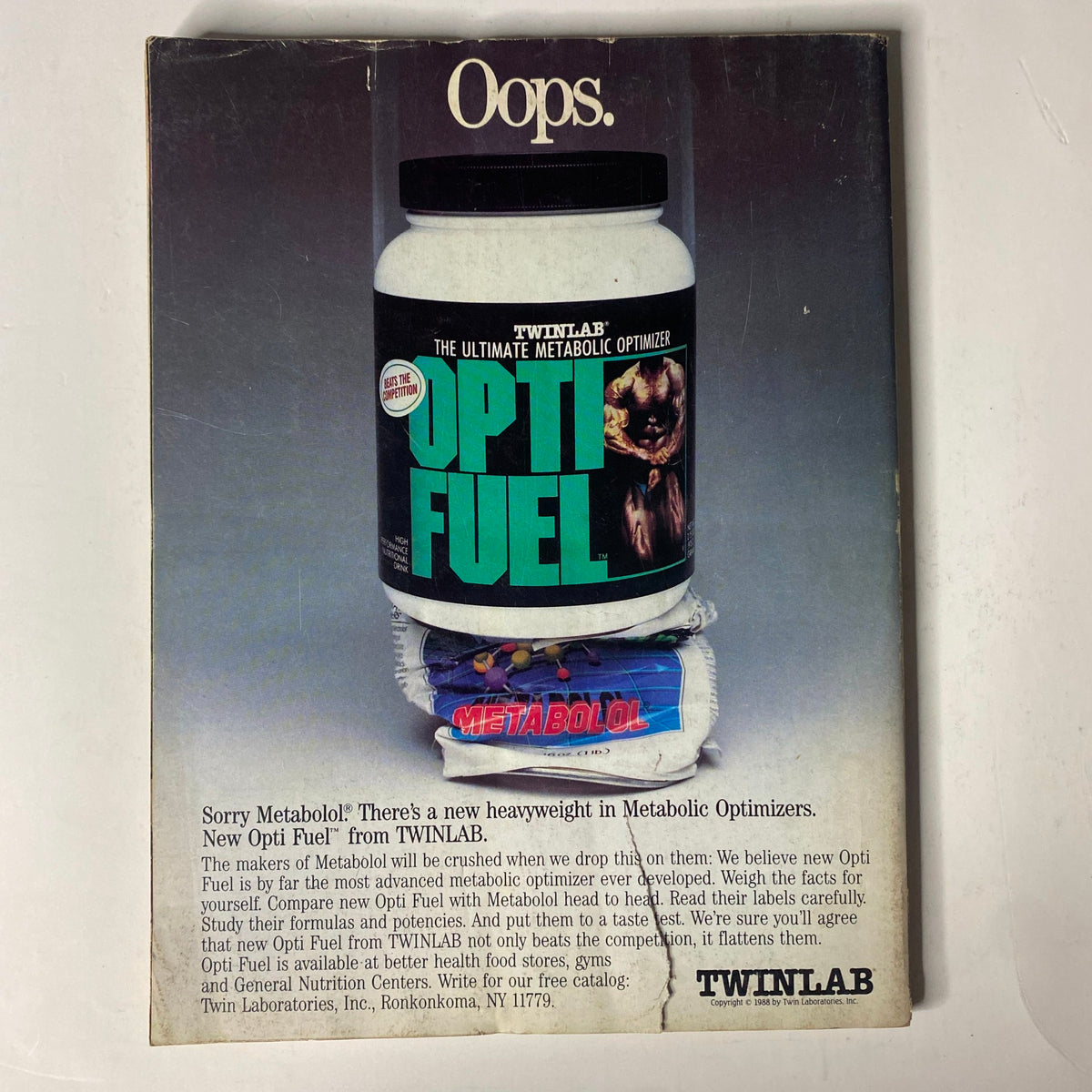 Advertisement for Twinlab's Opti Fuel featured in Muscle & Fitness Magazine August 1988, promoting a new metabolic optimizer for fitness enthusiasts.