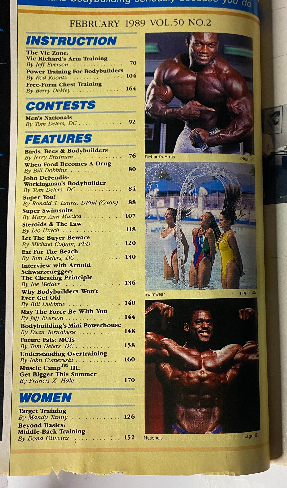 Table of contents page for Muscle & Fitness Magazine February 1989, highlighting features such as instruction, contests, and women’s training.
