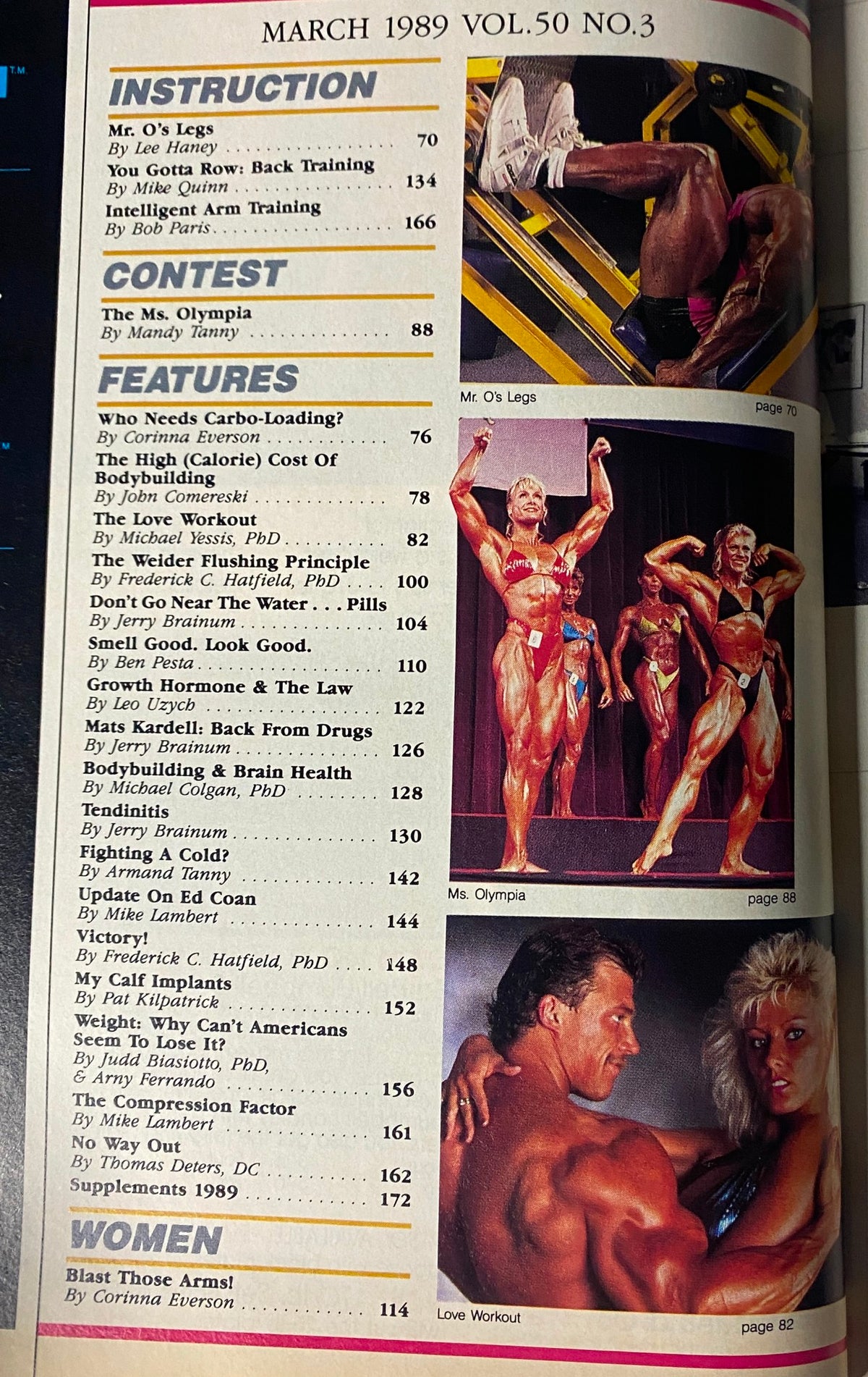 Contents page of Muscle & Fitness Magazine March 1989 detailing articles on fitness, body training, and health tips.