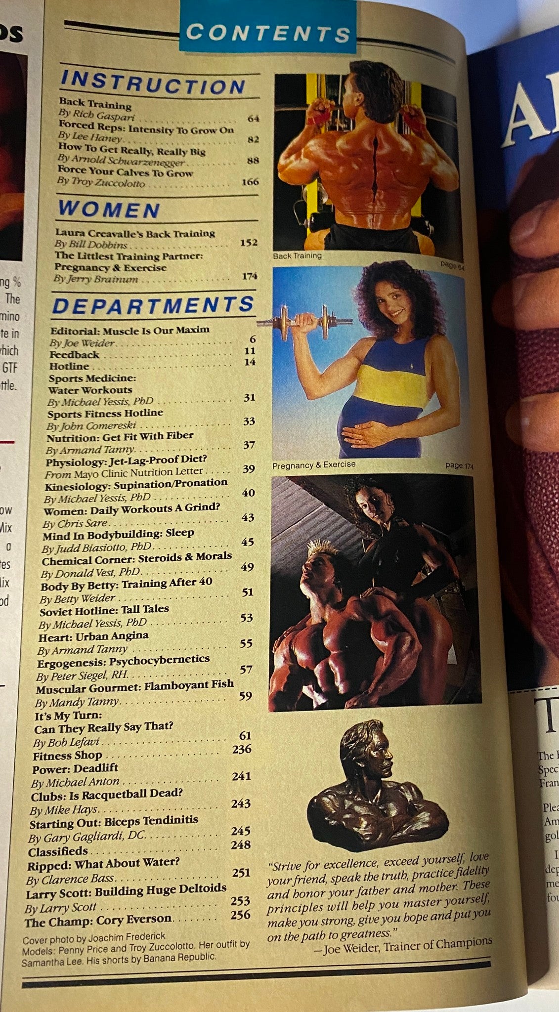 Muscle & Fitness Magazine May 1990 contents page featuring articles on back training, women's fitness, and bodybuilding topics, including 'Laura Creavalle’s Back Training' and 'Pregnancy & Exercise'.