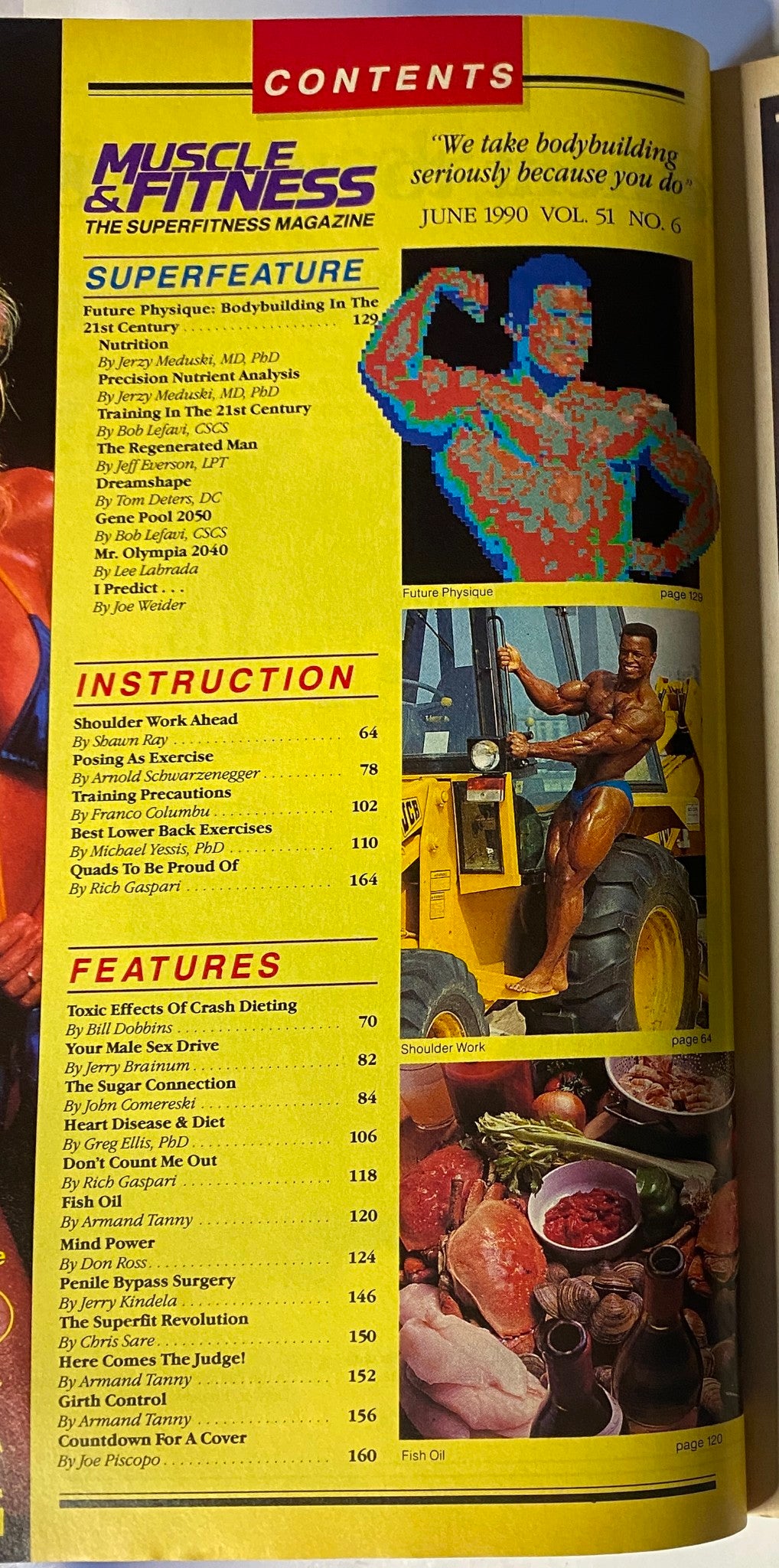 Contents page of Muscle & Fitness Magazine June 1990 Vol 51 No. 6. This page includes the Superfeature: Future Physique on bodybuilding and other articles about training, nutrition, and exercises.