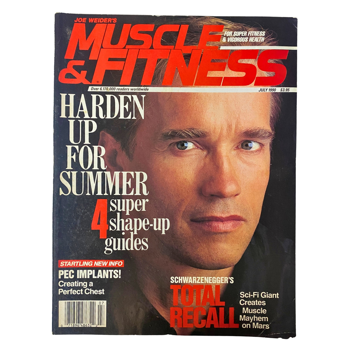 Cover of Muscle & Fitness Magazine July 1990 featuring Arnold Schwarzenegger, promoting summer fitness guides and the movie Total Recall.