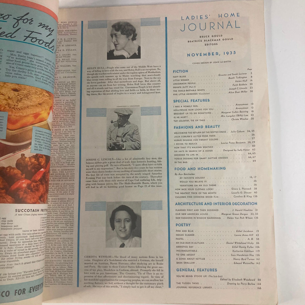 Interior page of Ladies' Home Journal Magazine November 1935, featuring articles and contributions from various authors, reflecting the cultural context of the era.
