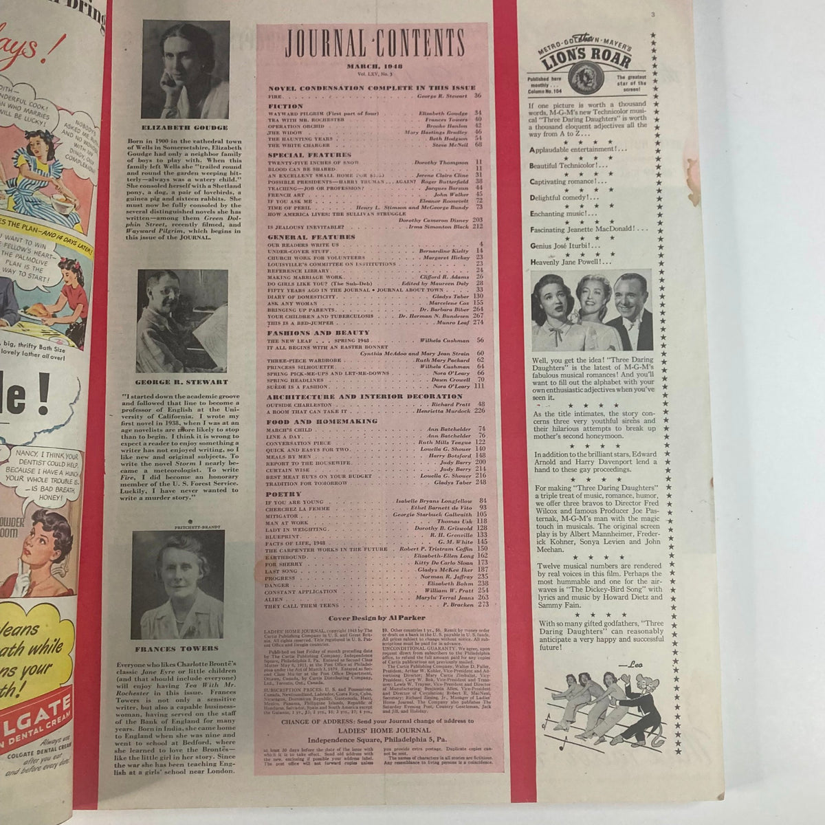 Contents page of Ladies' Home Journal Magazine March 1948, Volume 65, Number 3, detailing the articles and features including contributions from Elizabeth Goudge and George H. Stewart.