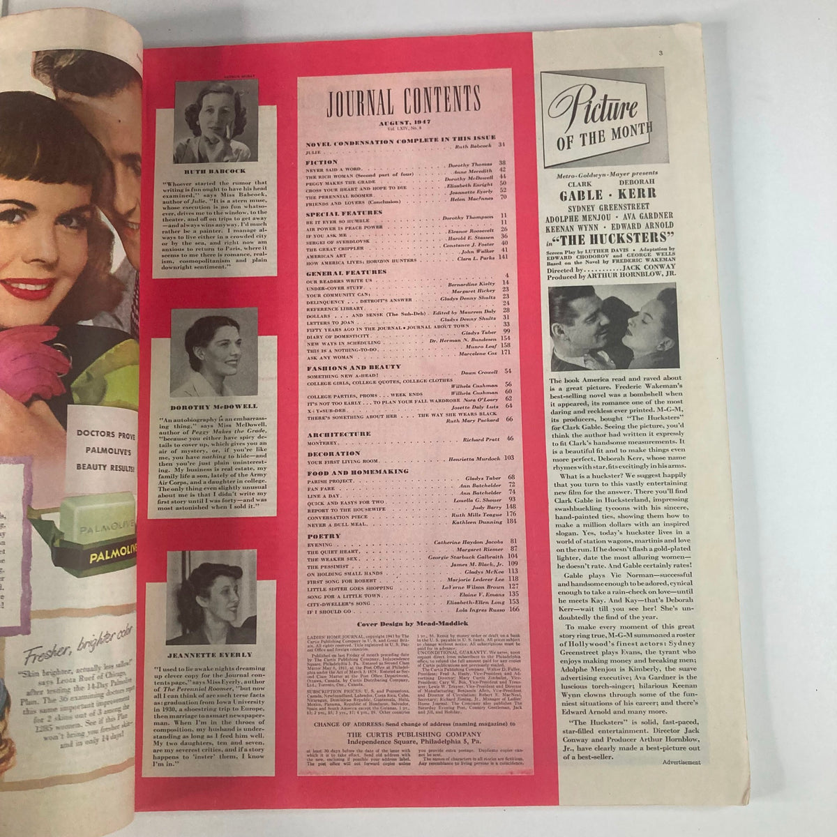 Contents page of Ladies' Home Journal Magazine August 1947, showcasing articles and features, including 'Picture of the Month' and various topics relevant to post-war America, Vol 64 No. 8.