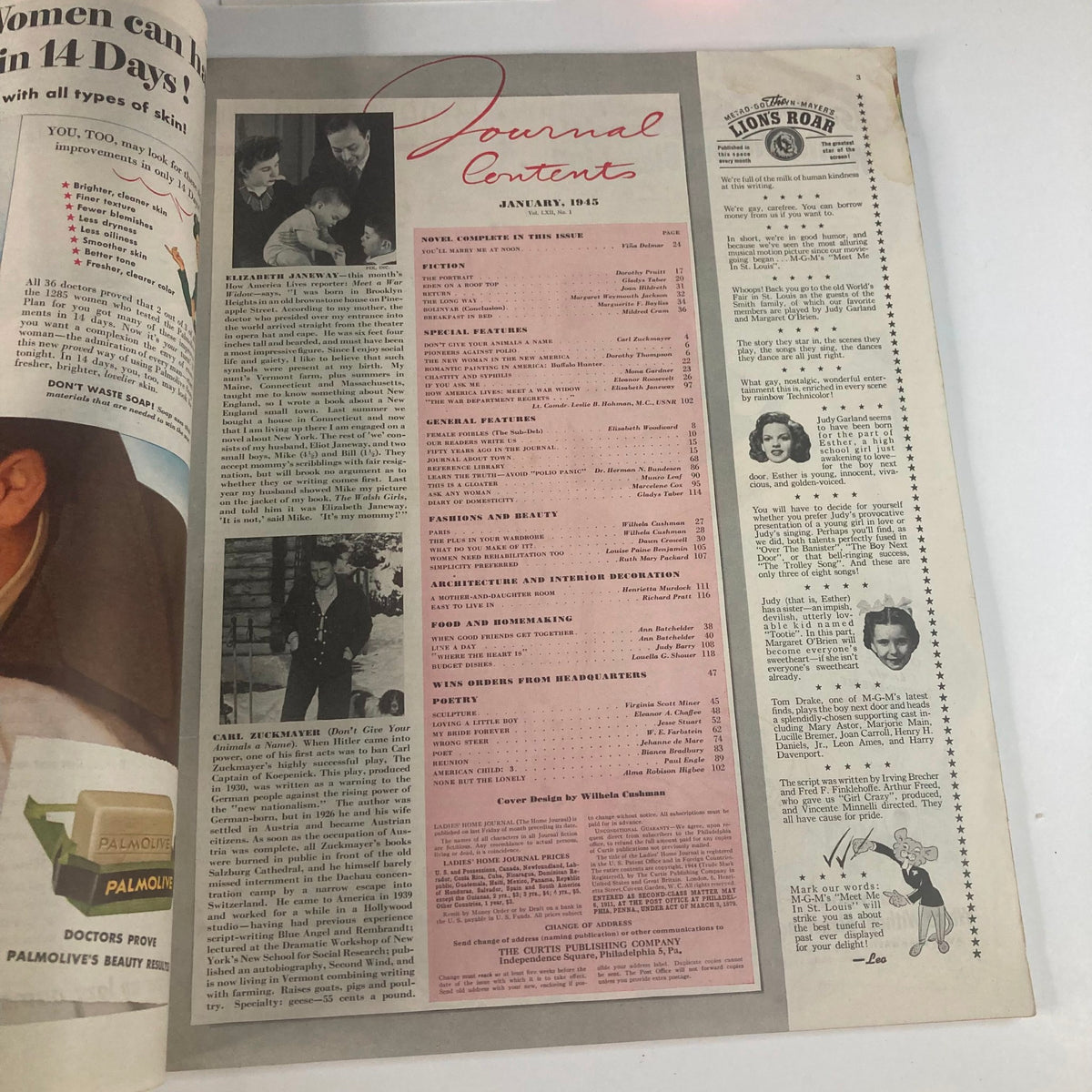Inside page of the Ladies' Home Journal Magazine January 1945, showcasing the table of contents and articles highlighting American life and culture from the post-war era.