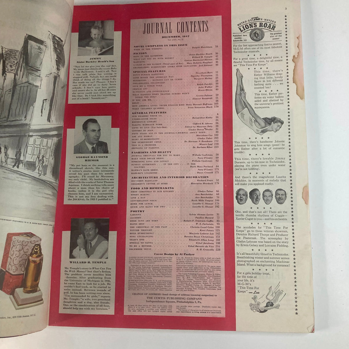 Interior page of Ladies' Home Journal Magazine December 1947, Volume 64, Issue 12, showcasing the journal contents with a red background and author's photographs.