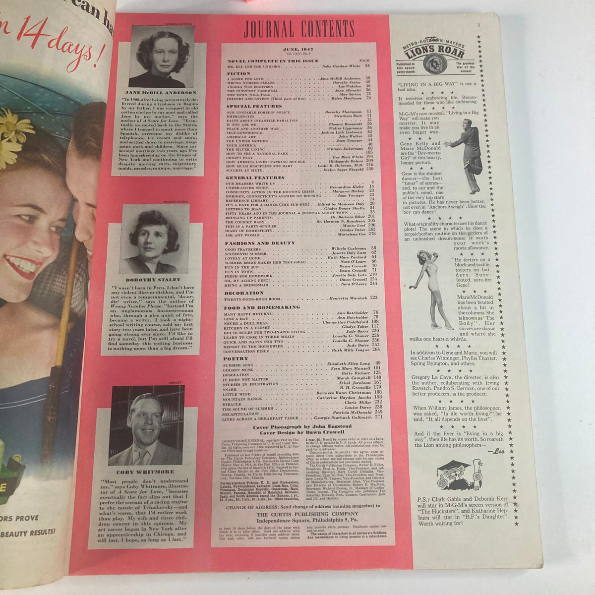 Table of contents from Ladies' Home Journal Magazine June 1947 Vol 64 No. 6 featuring articles and contributors including Jane McNeill Anderson and Dorothy Staley.