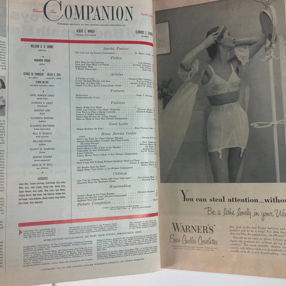 Interior page of the VTG Woman's Home Companion Magazine April 1953, displaying magazine content including the table of contents and fashion features related to the article 'How To Dress Your Hat.'