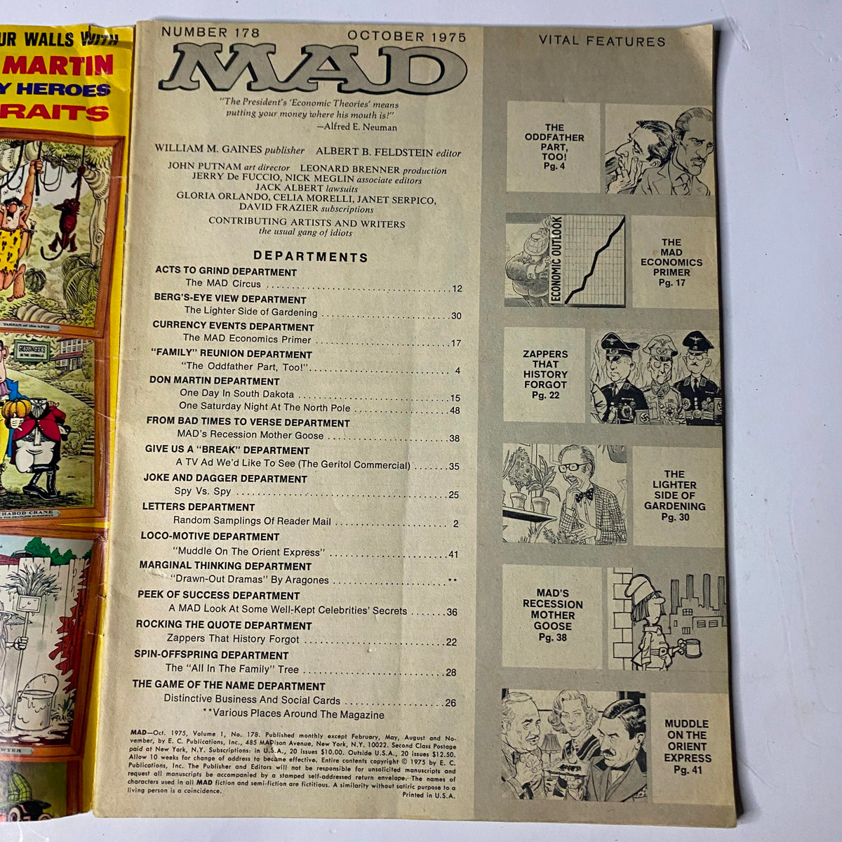 Inside page of Mad Magazine October 1975 No. 178 displaying the table of contents, featuring various departments and comedic segments.