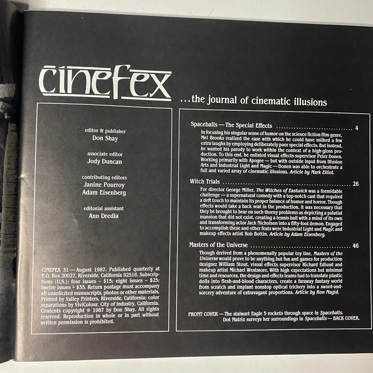 Inside page of Cinefex Magazine August 1987 No. 31 detailing articles on special effects from Spaceballs, The Witches of Eastwick, and Masters of the Universe.