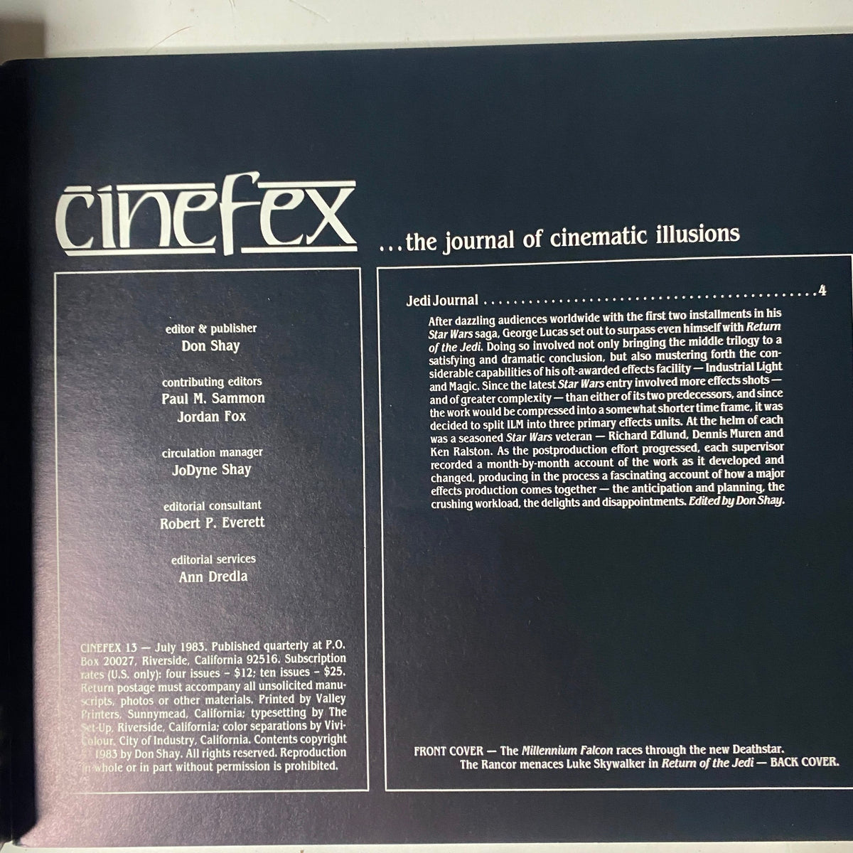Cinefex Magazine July 1983 No. 13 back cover featuring the Rancor menacing Luke Skywalker from Return of the Jedi, highlighting cinematic illusions.
