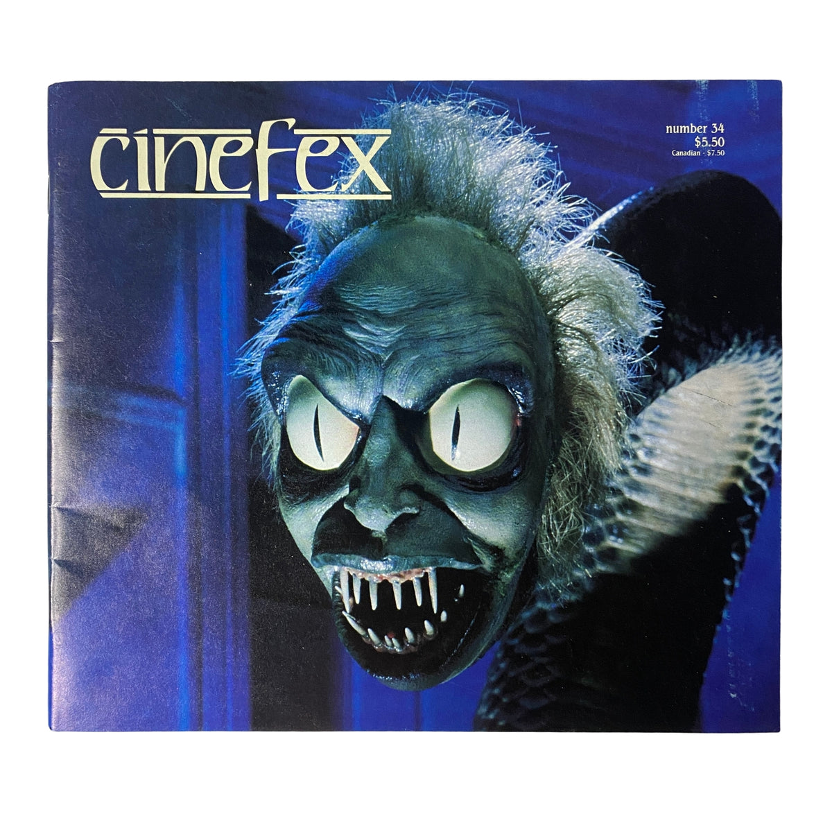 Cinefex Magazine May 1988 No. 34 featuring a striking cover image of a creature from Beetlejuice with glowing eyes and a menacing expression.