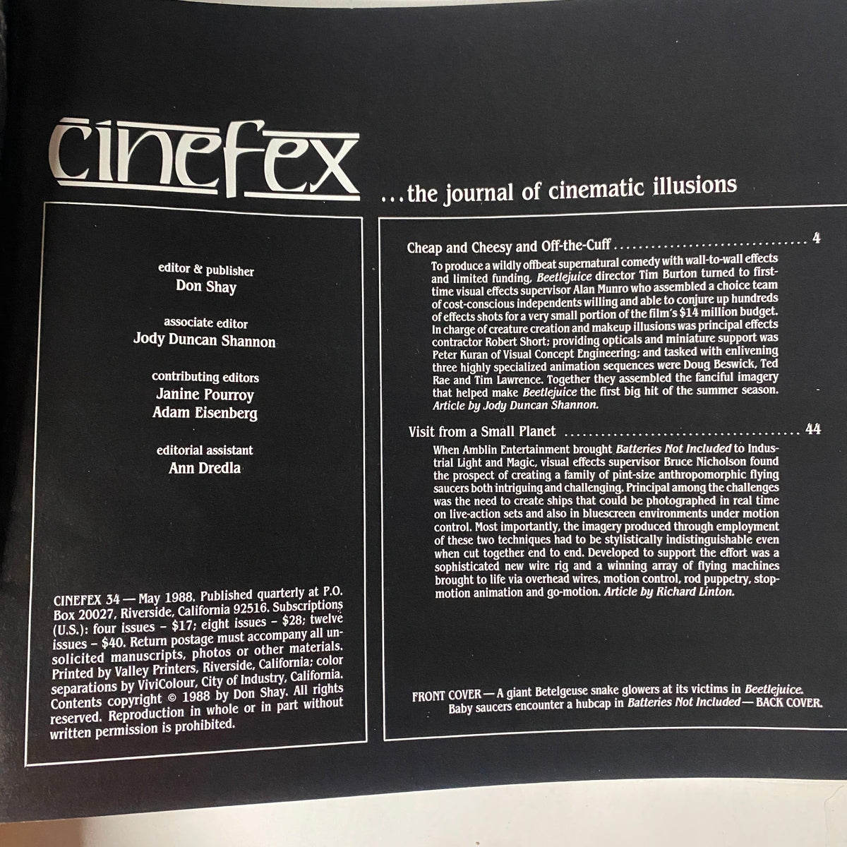 Cinefex Magazine May 1988 No. 34 overview page detailing articles including 'Cheap and Cheesy and Off-the-Cuff' and 'Visit from a Small Planet' about Beetlejuice and Batteries Not Included.
