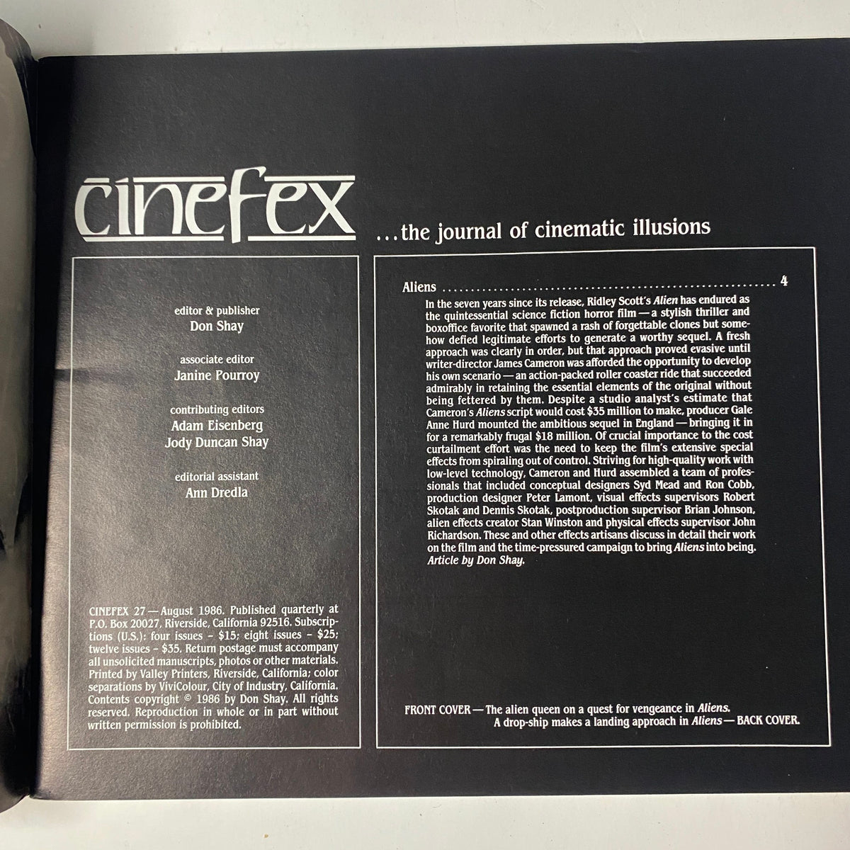 Inside page of Cinefex Magazine August 1986 No. 27, detailing the film Aliens with contributions from editor Don Shay and information about production insights.