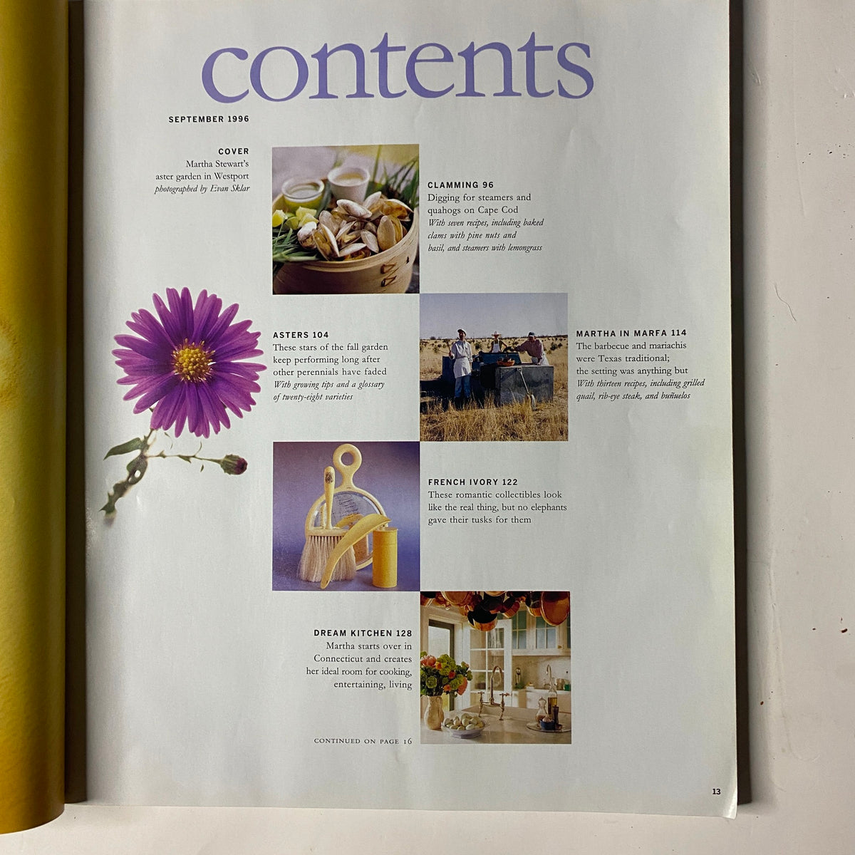 Contents page from Martha Stewart Living Magazine September 1996, highlighting topics such as clamming, asters, and Martha in Marfa.