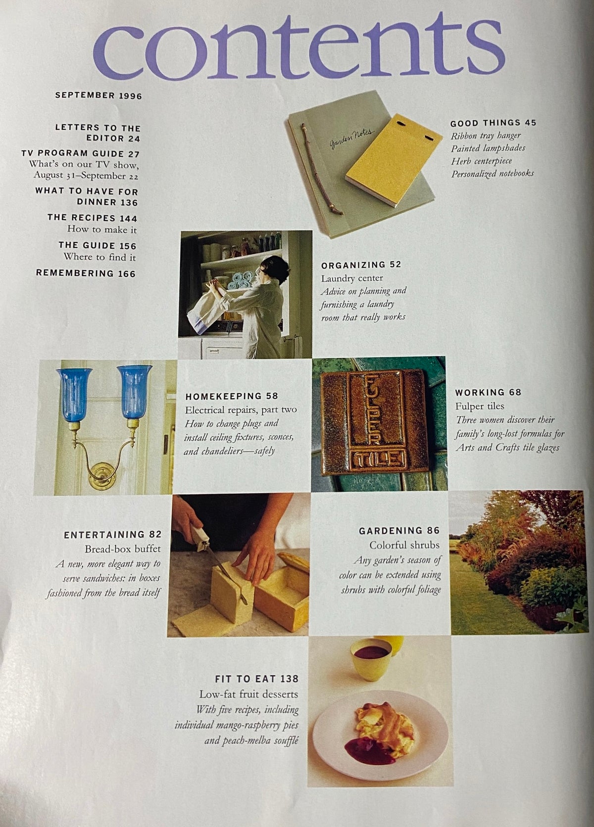 Contents page from Martha Stewart Living Magazine September 1996, detailing sections like organizing, homekeeping, and entertaining.