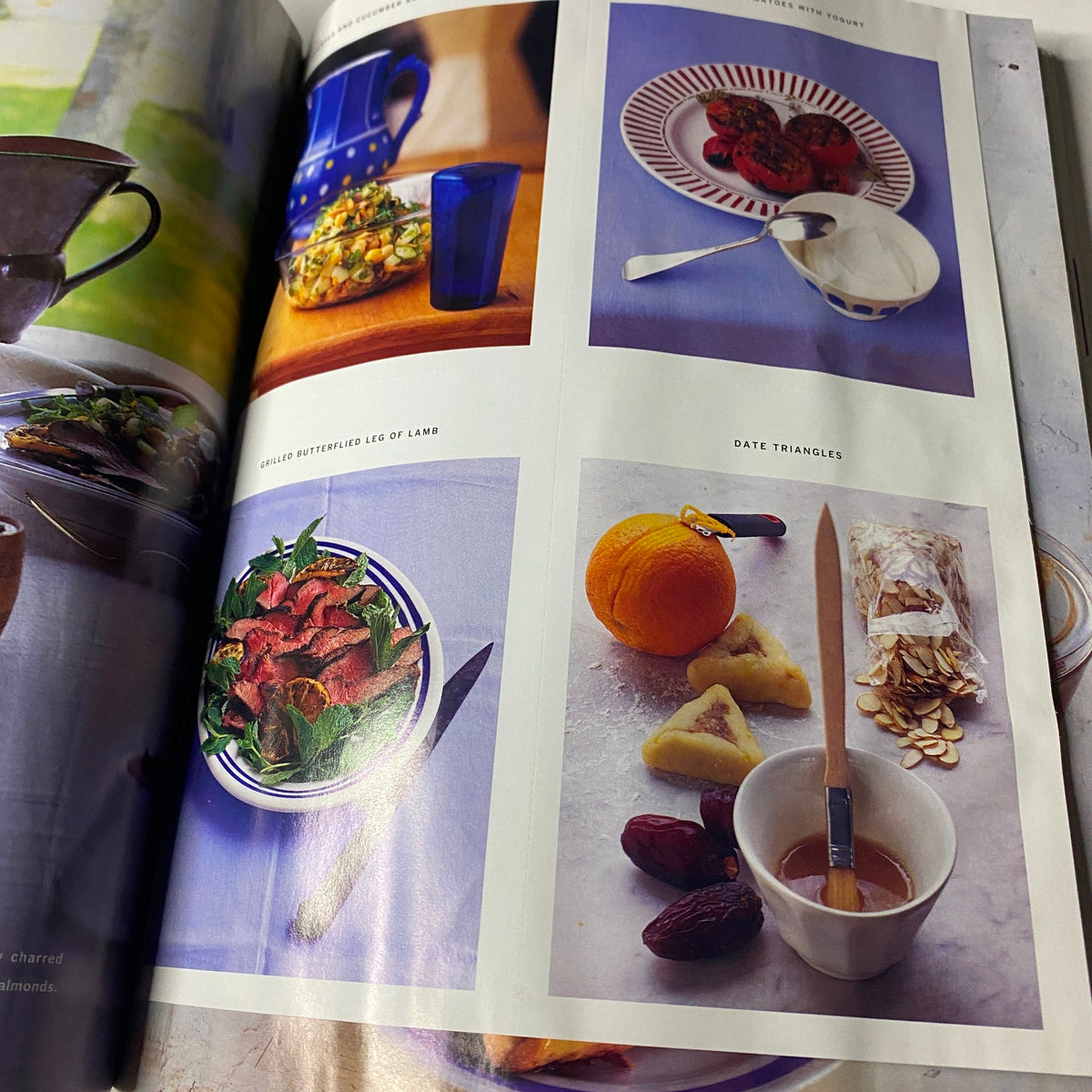 Culinary spread from Martha Stewart Living Magazine September 1996, featuring grilled leg of lamb and date triangles recipes.