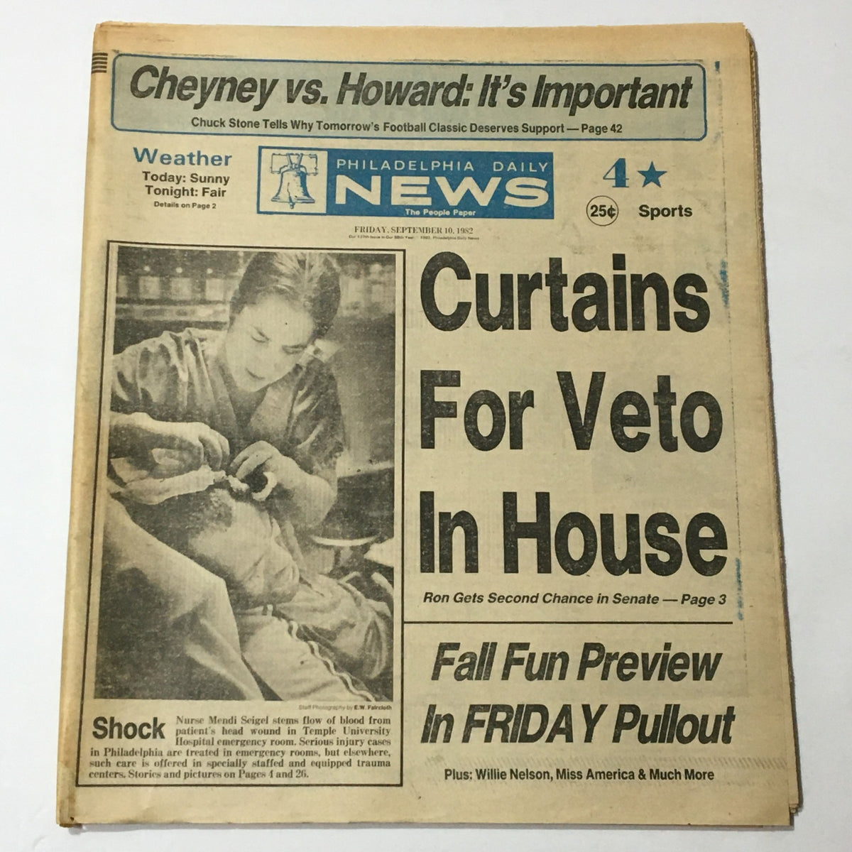 VTG Philadelphia Daily News September 1982 cover featuring Nurse Mendi Seigl and Willie Nelson, showcasing news headlines and articles from that date.
