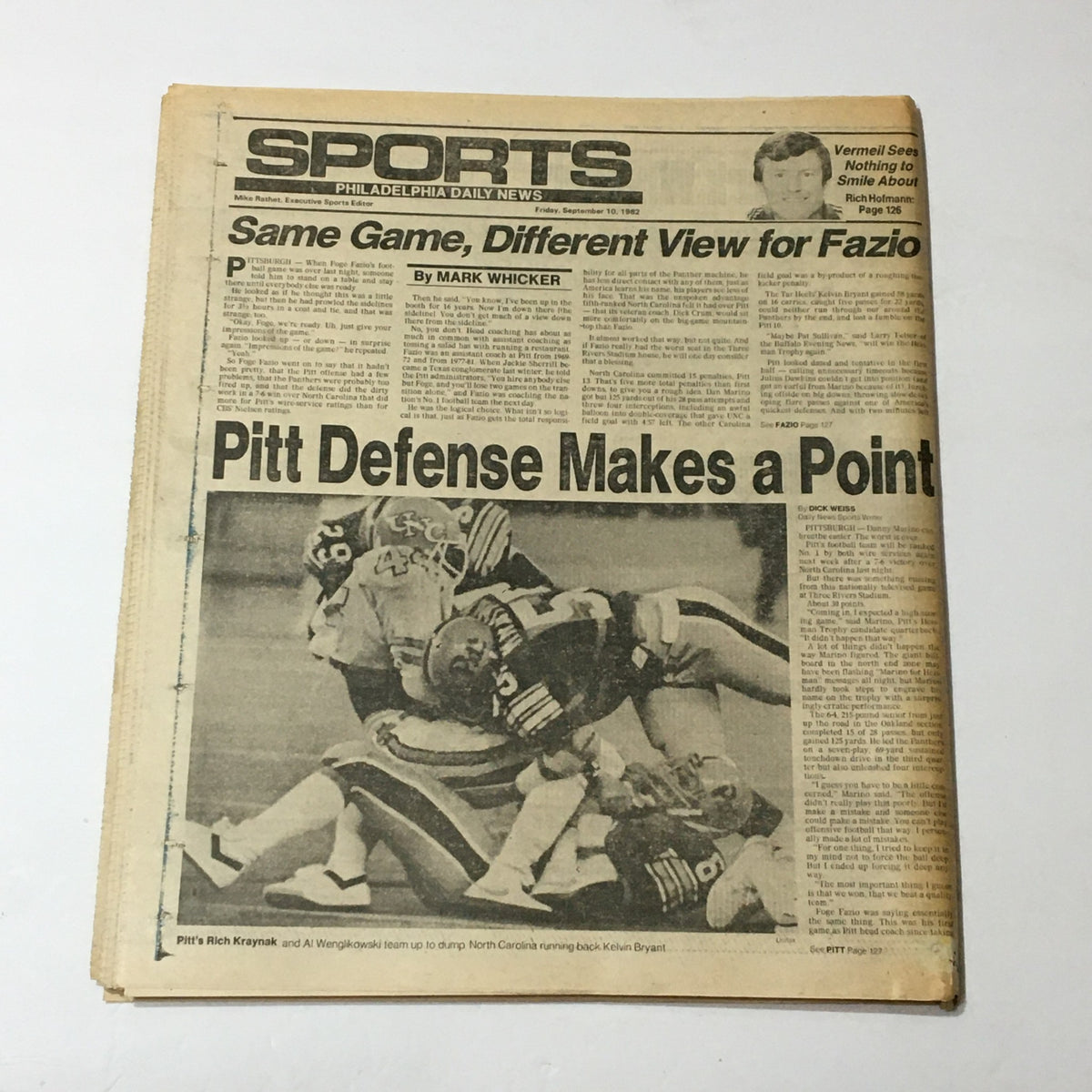 VTG Philadelphia Daily News September 1982 sports section highlighting a game analysis with Pitt's defense, includes related articles and news.