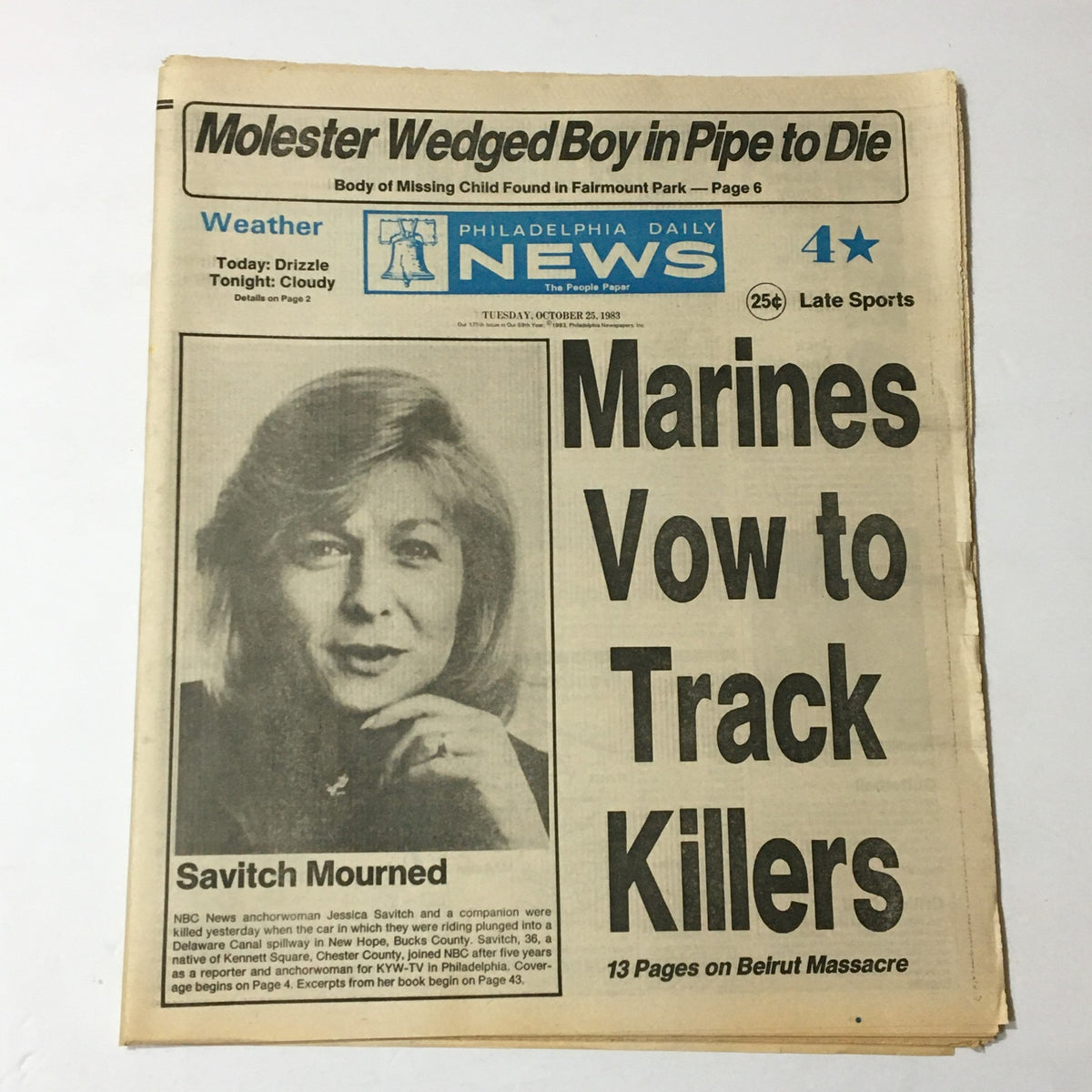 VTG Philadelphia Daily News cover from October 25, 1983, featuring NBC News' Jessica Savitch, highlighting a news story about her passing and Marines vowing to track killers.