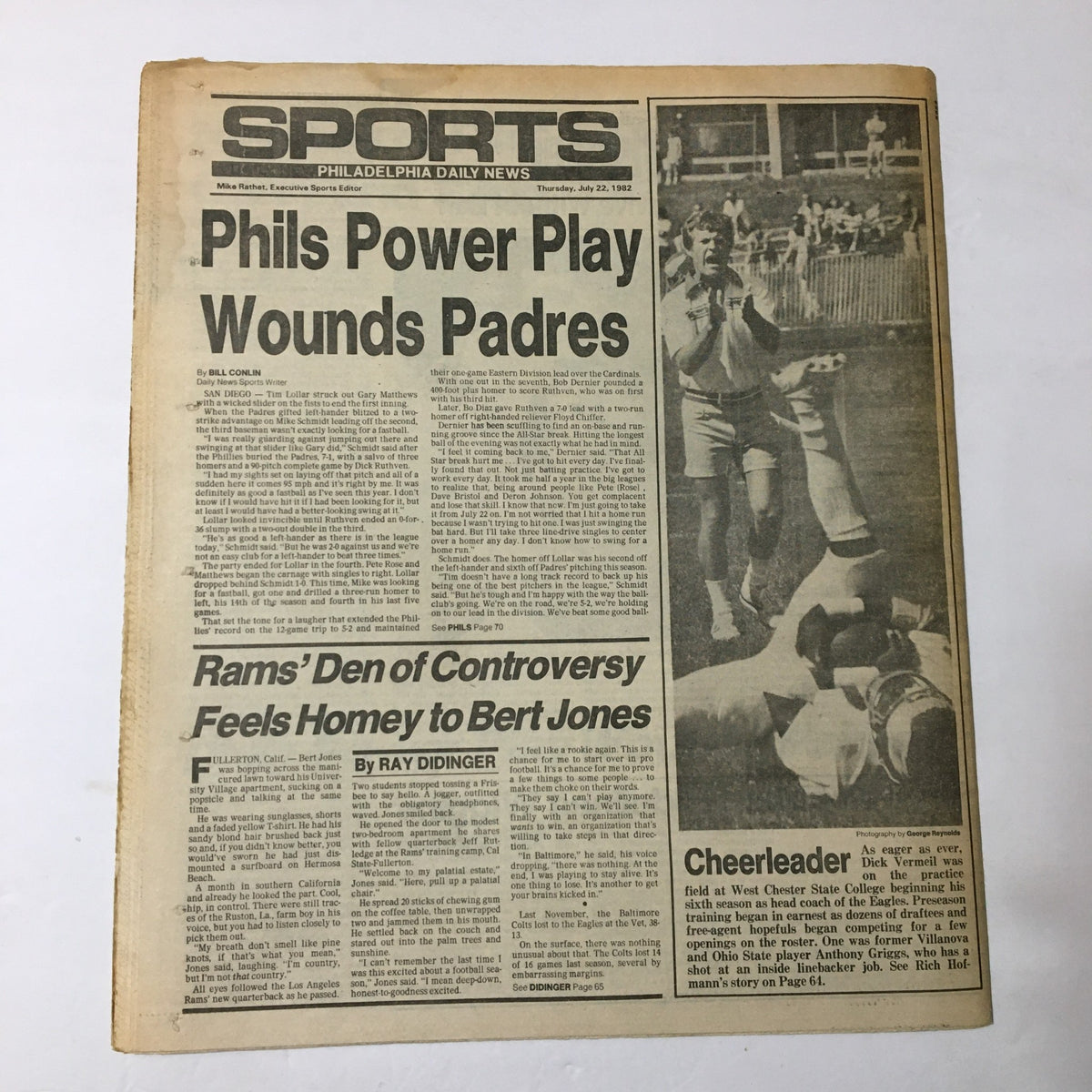 Front page of the July 22, 1982 Philadelphia Daily News showing sports headlines including 'Phils Power Play Wounds Padres', with vintage newsprint details, under the title 'VTG Philadelphia Daily News July 22 1982 - Dave Garroway Kills Self / Newsstand'.