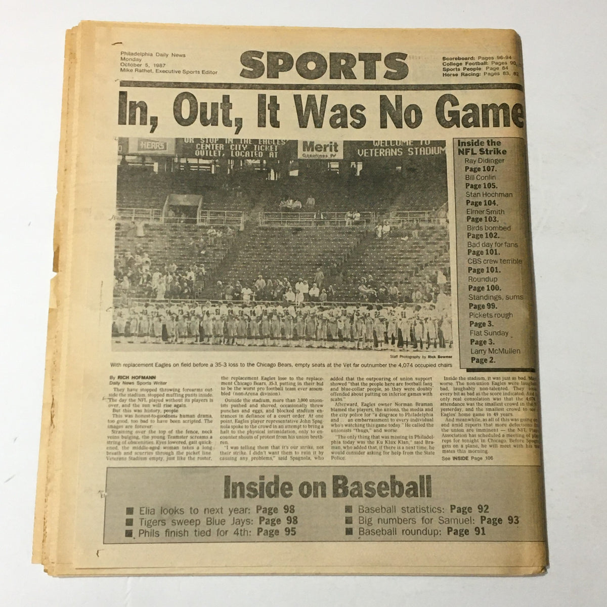 VTG Philadelphia Daily News October 5, 1987, highlighting 'In, Out, It Was No Game' covering a sports summary and featuring an image of empty stadium seating.