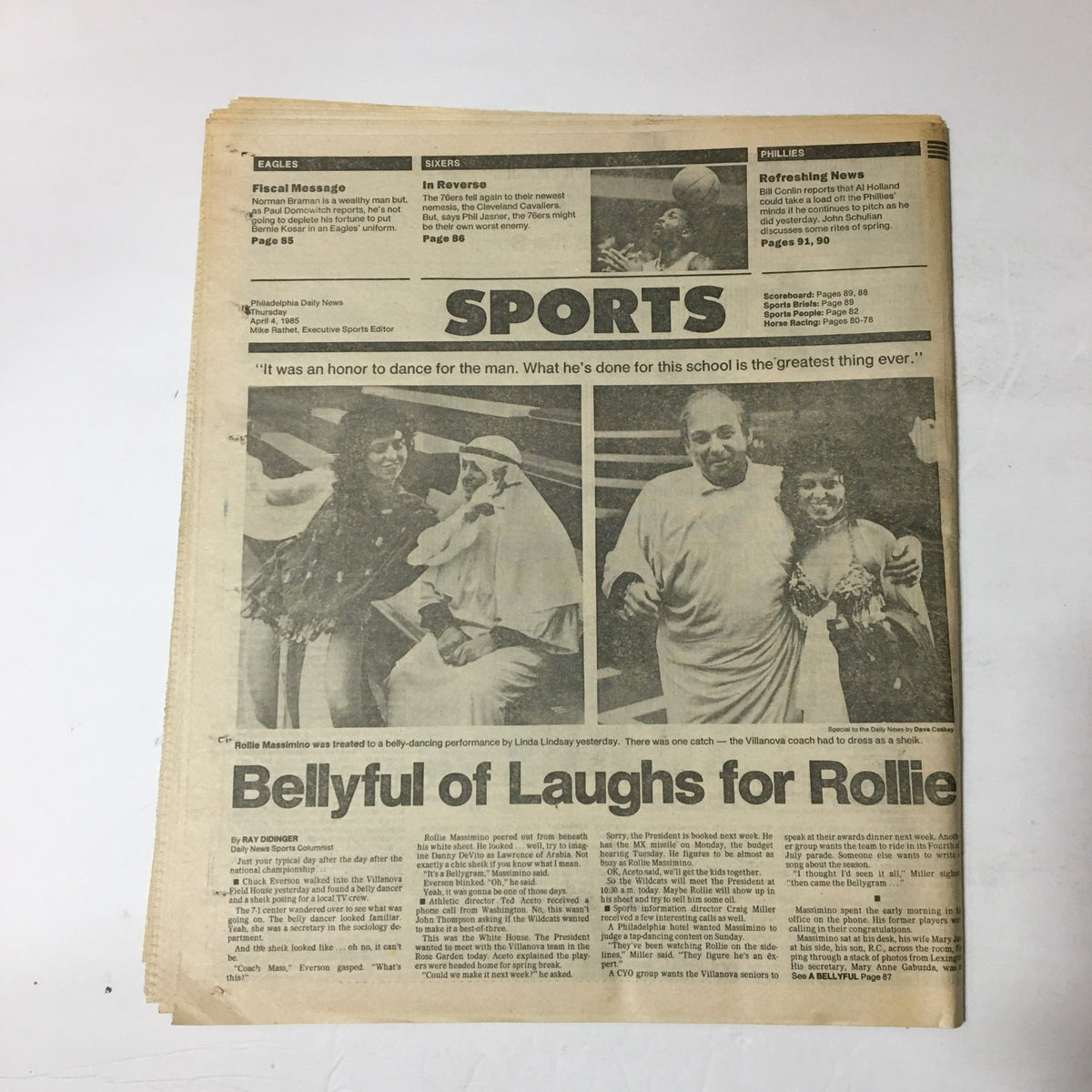 VTG Philadelphia Daily News April 4 1985 page dedicated to sports, showcasing the headline 'Bellyful of Laughs for Rollie' with images related to local sports events.