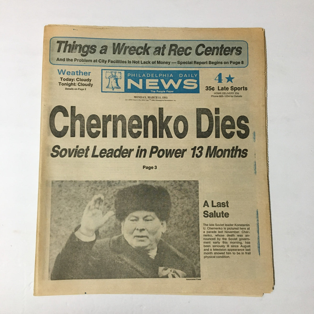 Vintage Philadelphia Daily News front page from March 11, 1985, featuring the headline 'Chernenko Dies.' The article discusses Soviet Leader Konstantin U Chernenko's brief time in power.
