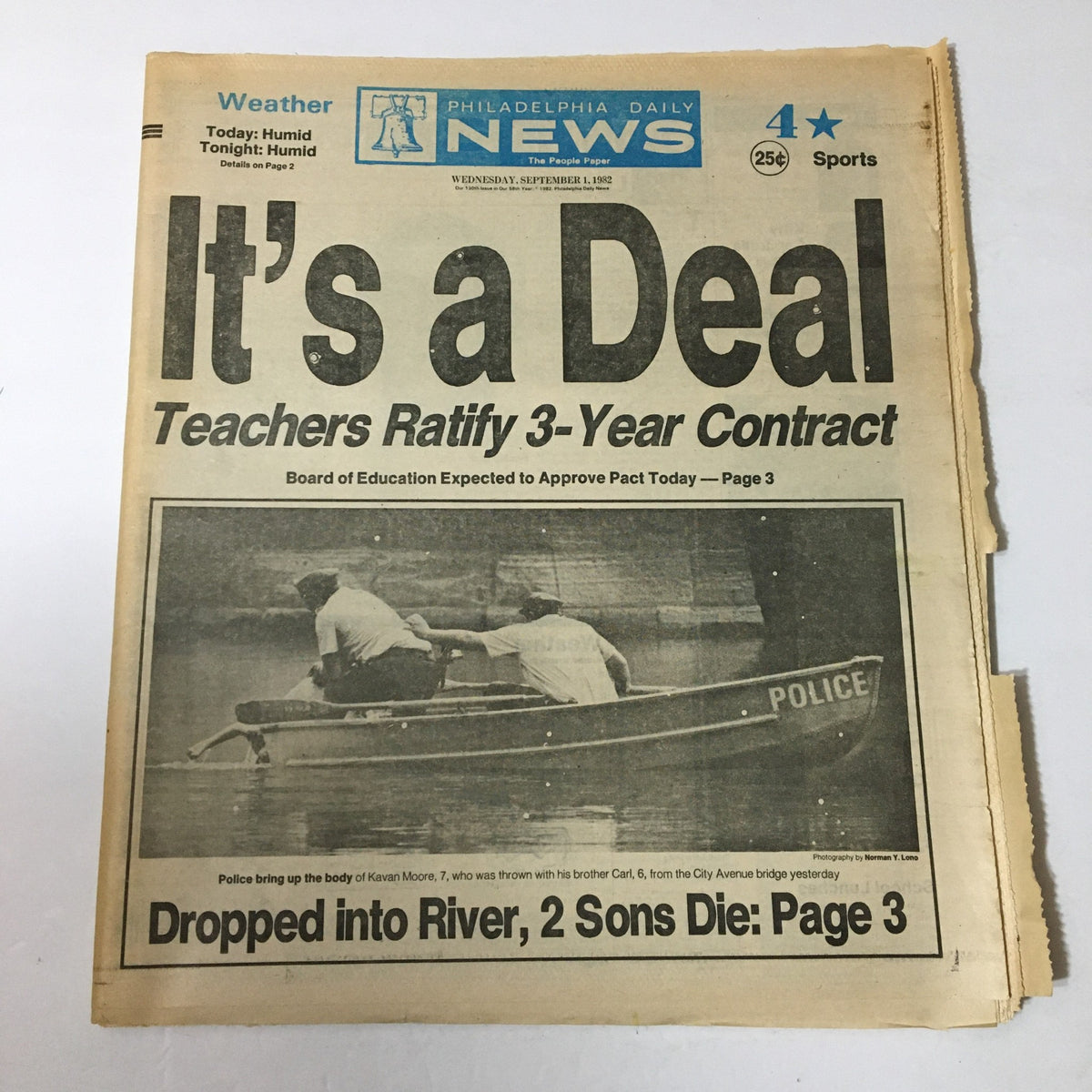 Front page of the VTG Philadelphia Daily News from September 1, 1982, titled 'It's a Deal' featuring a teachers' contract ratification and a news story about Kavan and Carl Moore's body. Image shows newspaper layout with sports section highlighted.