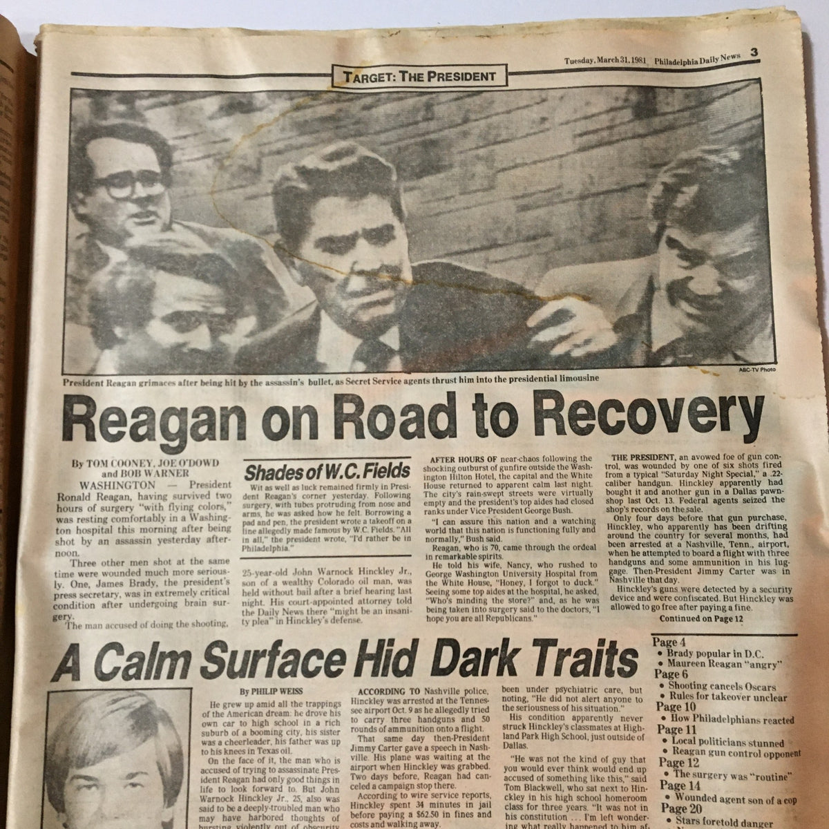 VTG Philadelphia Daily News March 31 1981 - John Warnock Hinckley Jr. - Image showing the aftermath of Ronald Reagan's assassination attempt, featuring a dramatic headline on recovery and details about John Warnock Hinckley Jr.