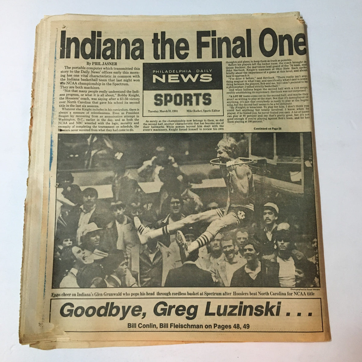 VTG Philadelphia Daily News March 31 1981 - John Warnock Hinckley Jr. - Image displays the sports section of the newspaper with news on Indiana basketball and NCAA championship.