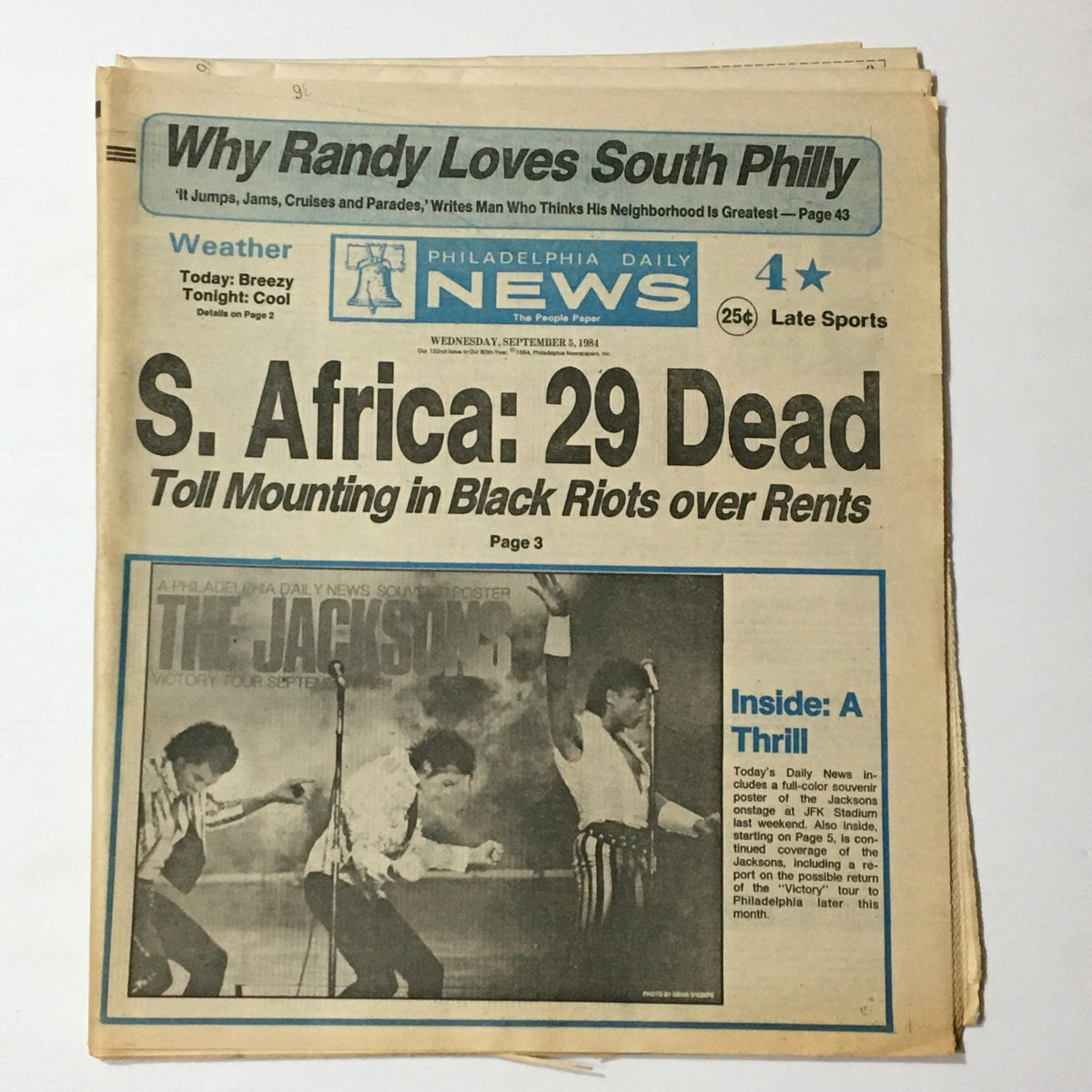 Vintage Philadelphia Daily News from September 5, 1984 featuring Michael Jackson and The Jacksons, with headline about South Africa and a report on the concert tour.