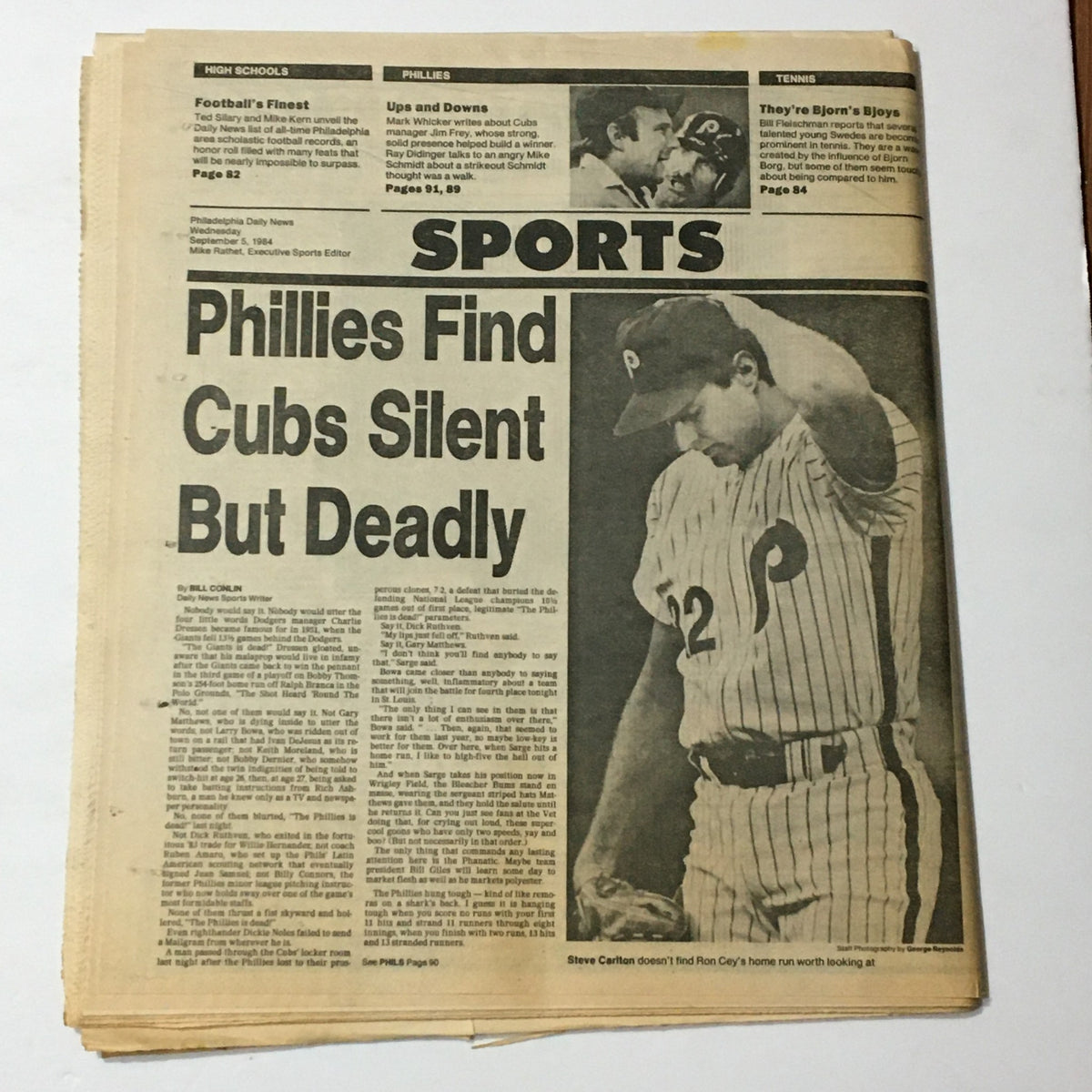 VTG Philadelphia Daily News from September 5, 1984, featuring a sports headline "Phillies Find Cubs Silent But Deadly". The image shows the front page of the newspaper with various articles and highlights related to sports.