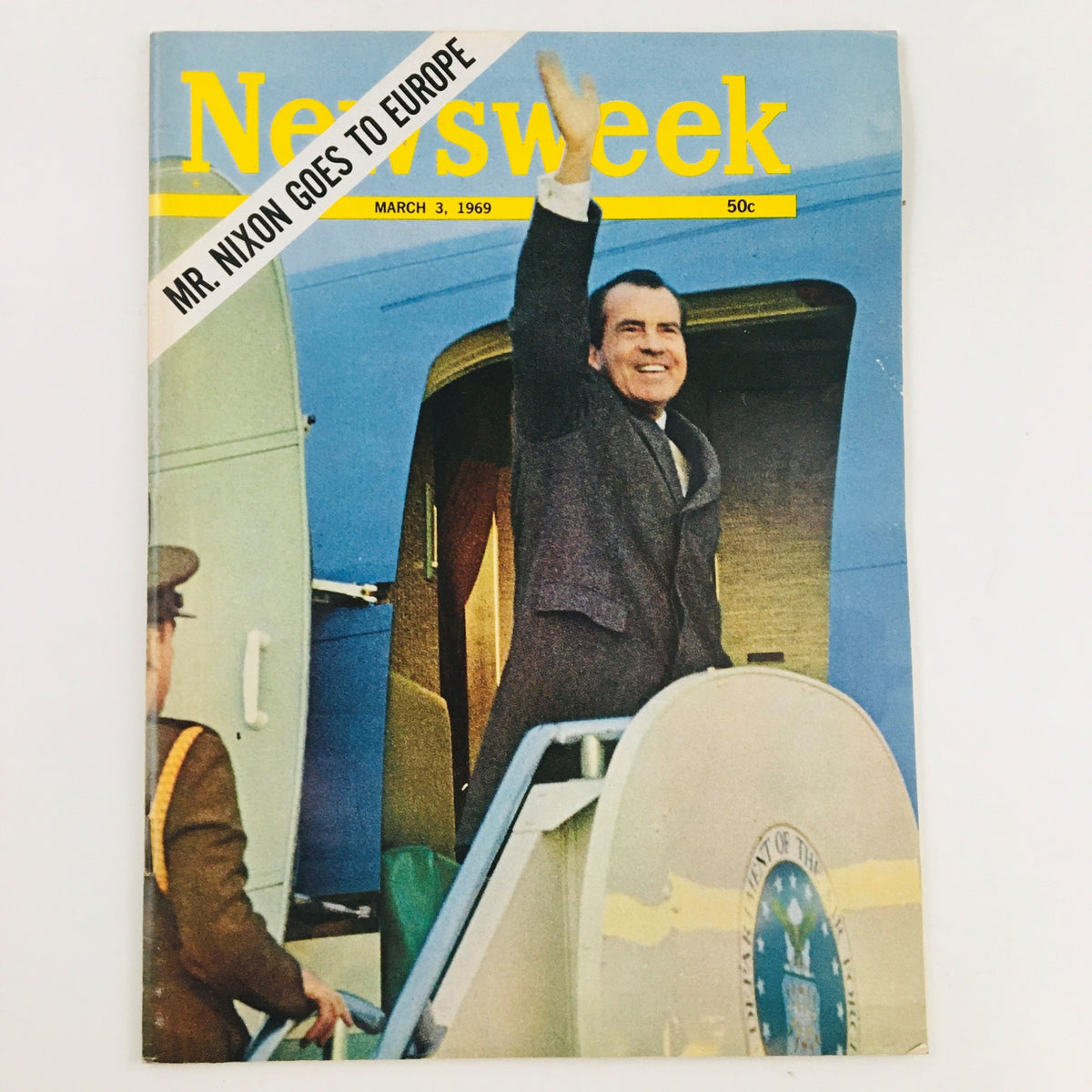 Cover of Newsweek Magazine from March 3, 1969 featuring Mr. Richard Nixon waving during his visit to Europe, showcasing a moment in U.S. history.
