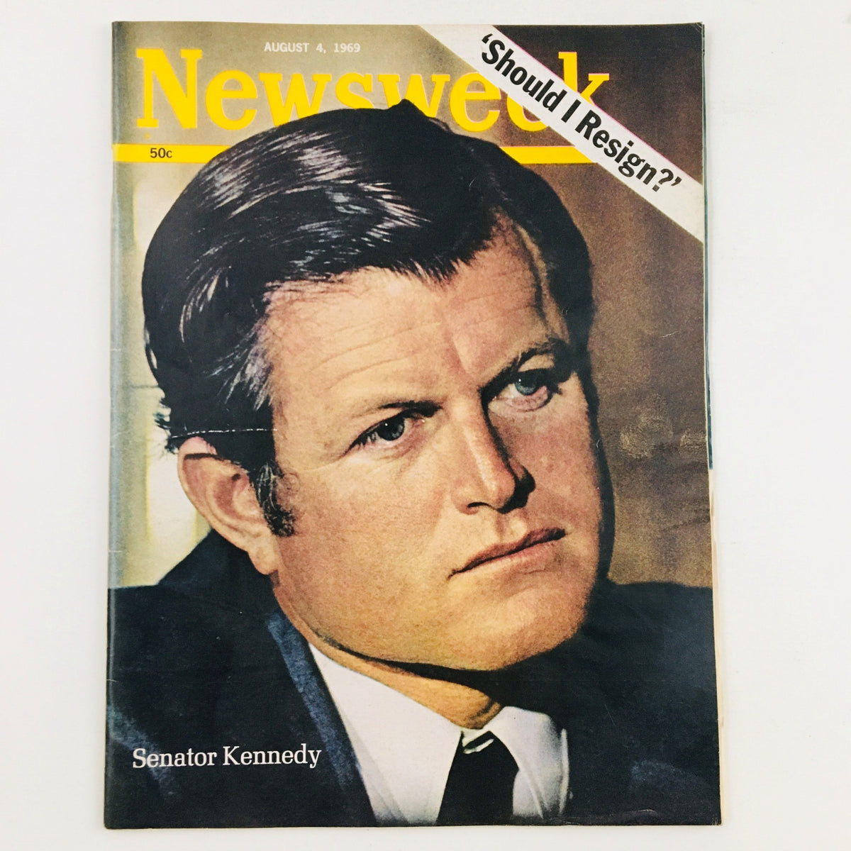 Cover of Newsweek Magazine dated August 4, 1969 featuring Senator Ted Kennedy with the caption 'Should I Resign?' highlighting a significant political moment.
