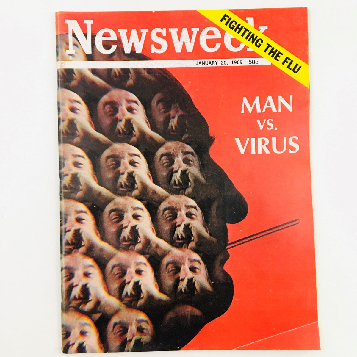 Cover of Newsweek Magazine January 20 1969 featuring the headline 'Fighting The Flu: Man vs Virus' with a striking visual of multiple faces representing the struggle against viral infections.